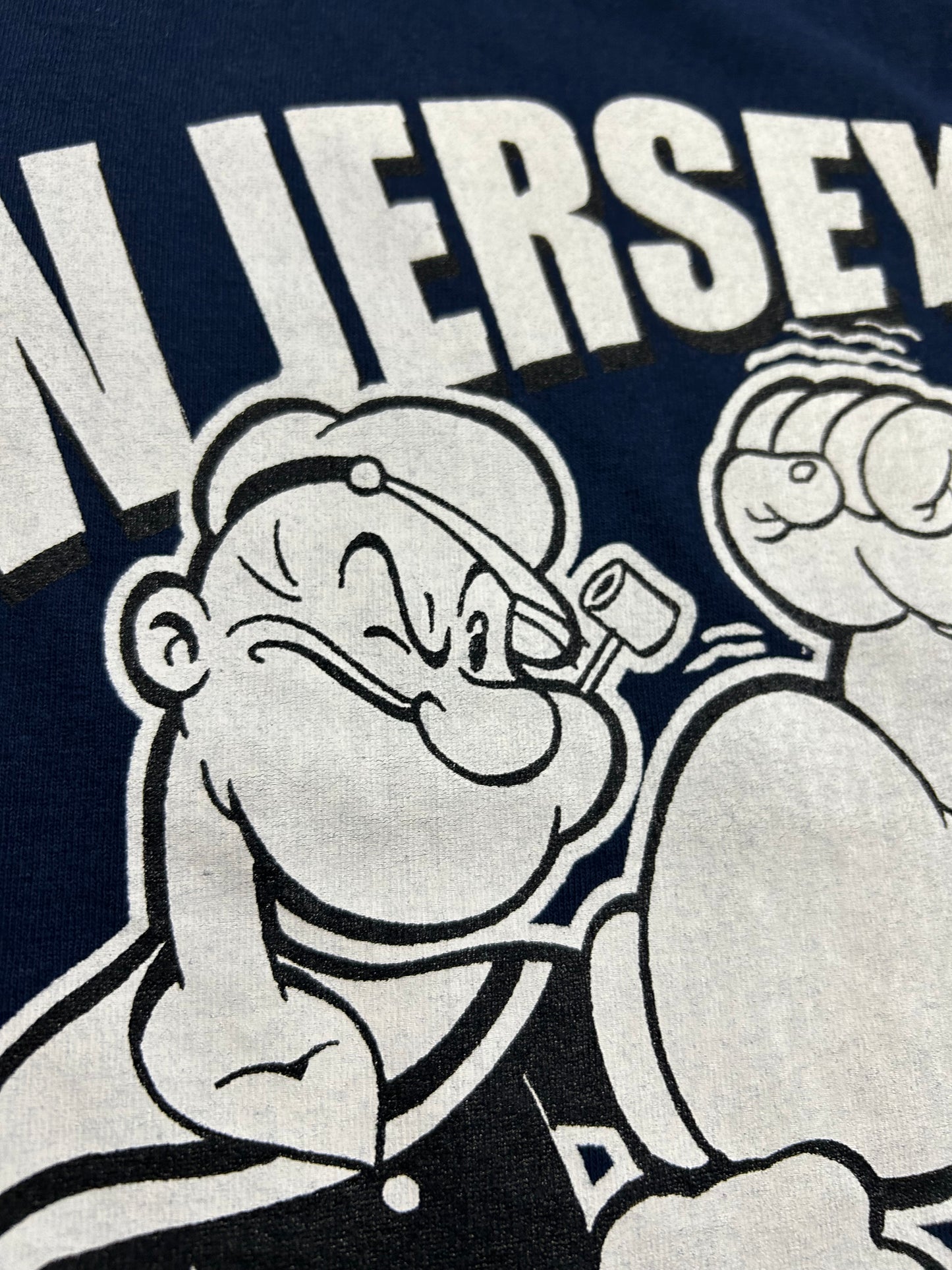 Vintage 2009 Popeye New Jersey Where Only The Strong Survive Tee Medium 20x27.75 Inches Navy