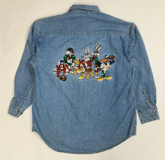 Vintage 1993 Acme Clothing Co. Warner Bros Football Embroidered Logo Denim Button Up Shirt Medium 23.75x30.75 Inches