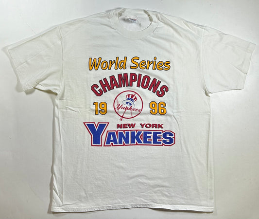 Vintage New York Yankees 1996 MLB Champions Bootleg Tee XL 24.25x30.25 Inches Hanes Heavyweight