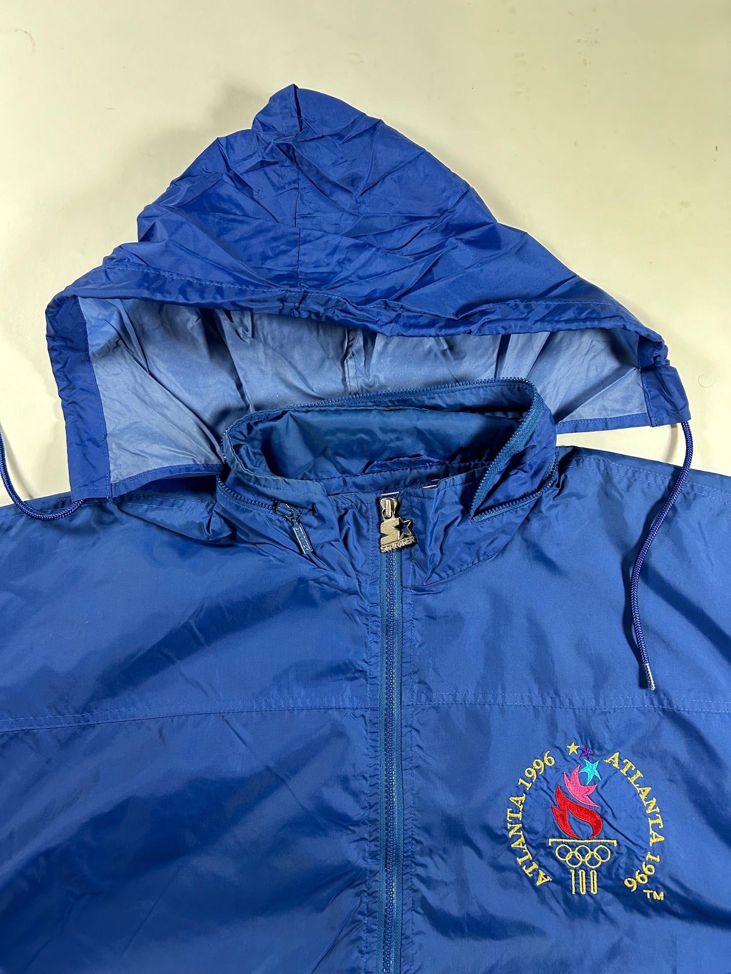 Vintage Starter 96 Atlanta Olympics Team USA Packable Hood Windbreaker Full Zip Jacket  Large 27.5x27.5 Inches