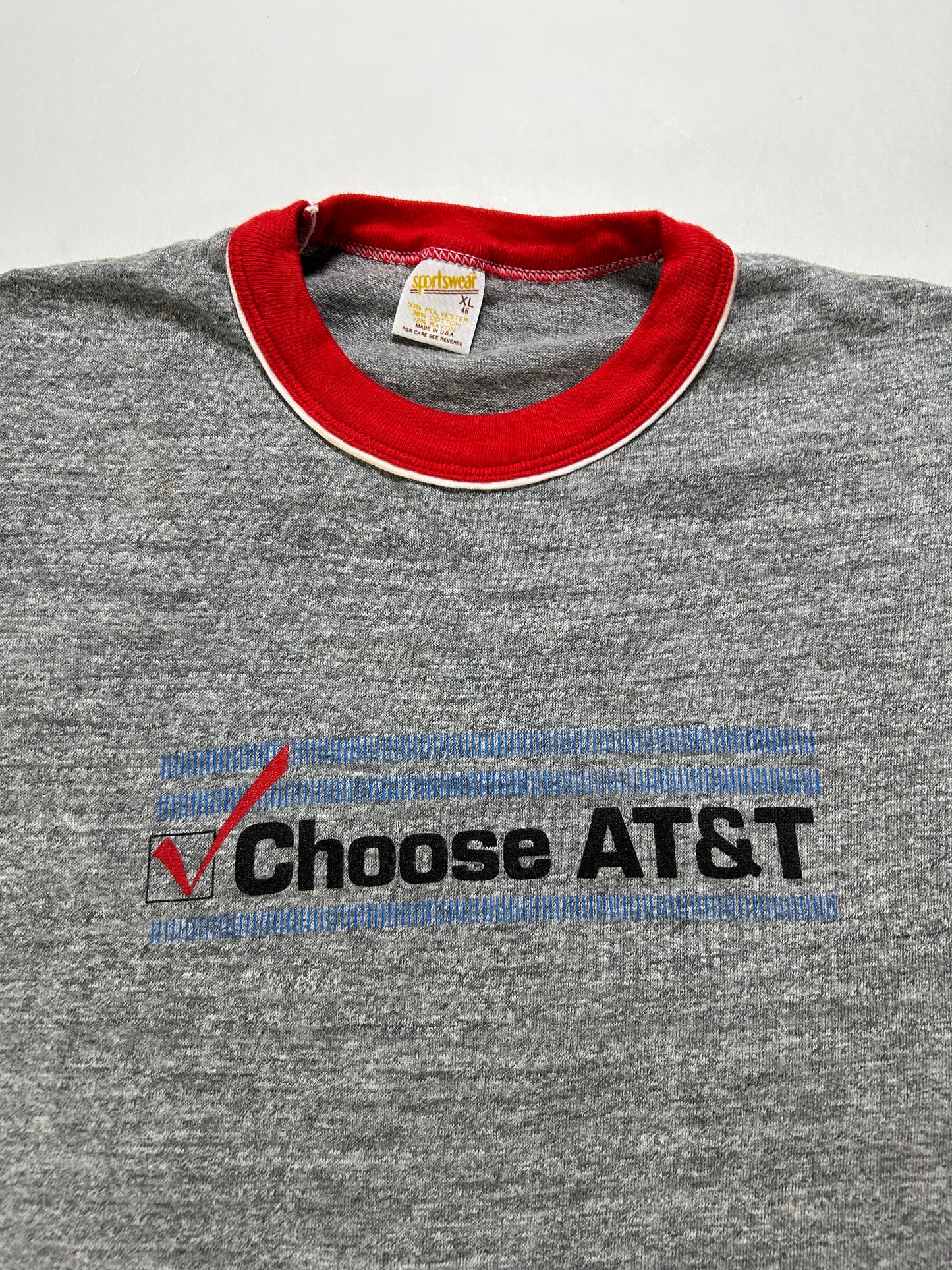 Vintage 80s AT&T Phone Choose AT&T Promo Ringer Tee L/M Fit 21.25x27.25 Inches Gray/Red