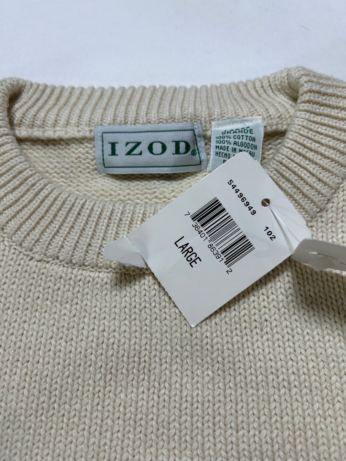 Vintage Izod Championship Golf Sweater Off White Knit Embroidered Mens Large 24.25x27.25 Inches