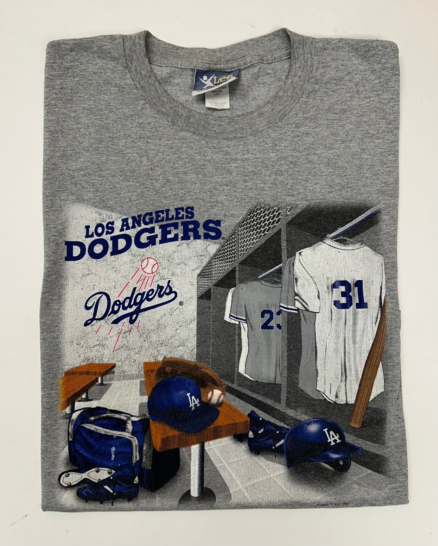Vintage 90s Los Angeles Dodgers MLB Locker Room T-Shirt XL 24.25x30 Inches Lee Sport Nutmeg Gray