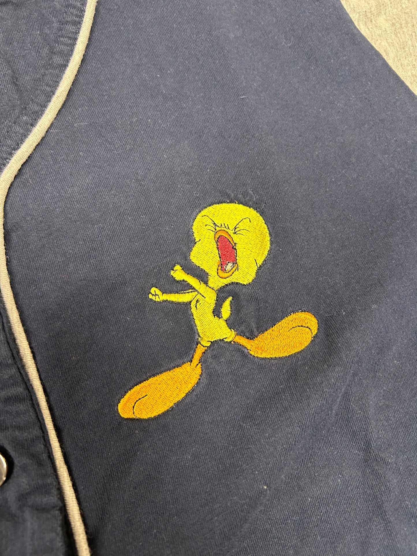 Vintage 2002 Looney Tunes Tweety Bird Get Over It Button Up Baseball Style Jersey Medium/Small 21.5x25.25 Inches