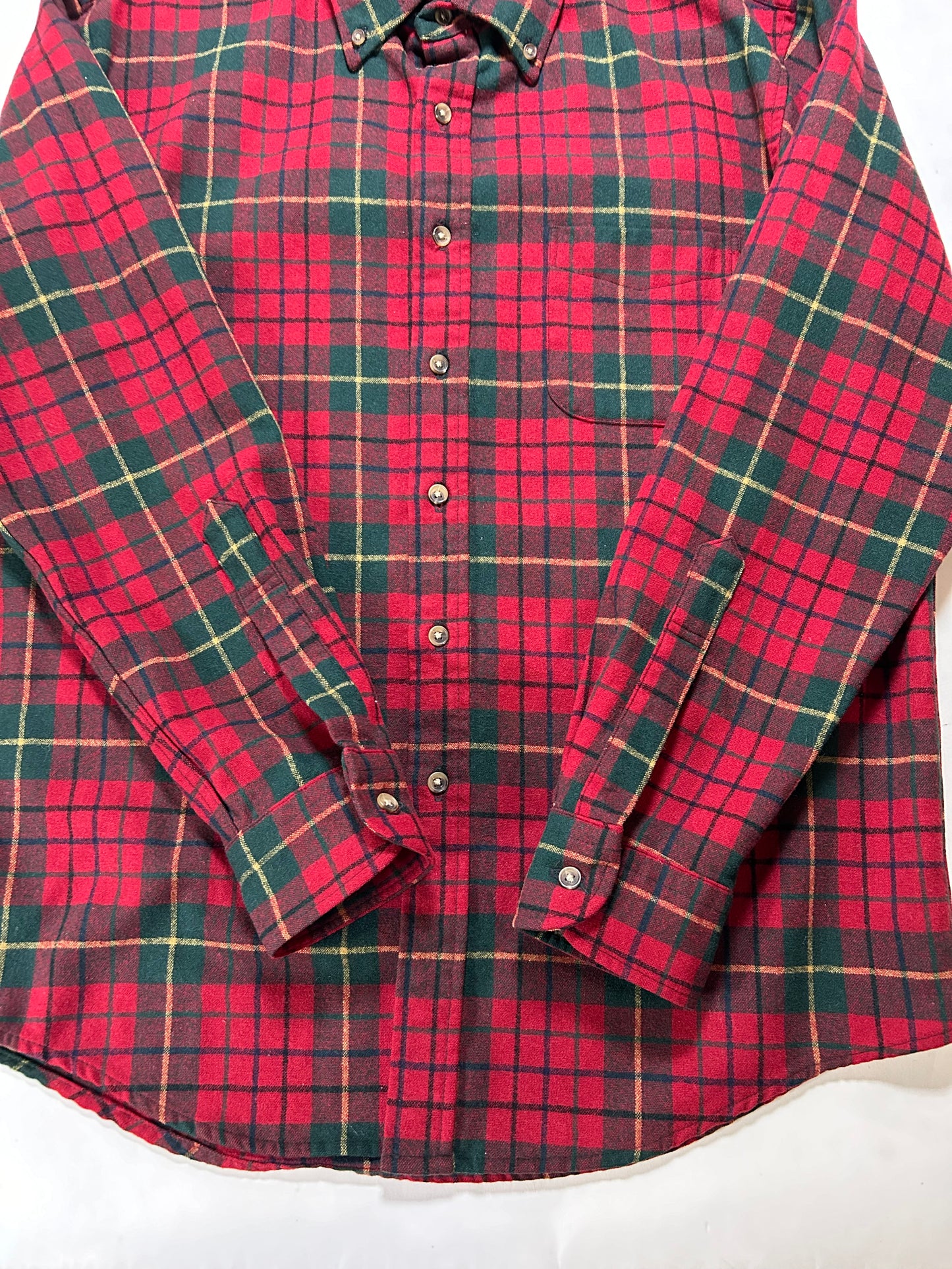 Pendleton Plaid Fireside 100% Wool Button Down Flannel Shirt Large 23.5x30.75 Inches Red Green