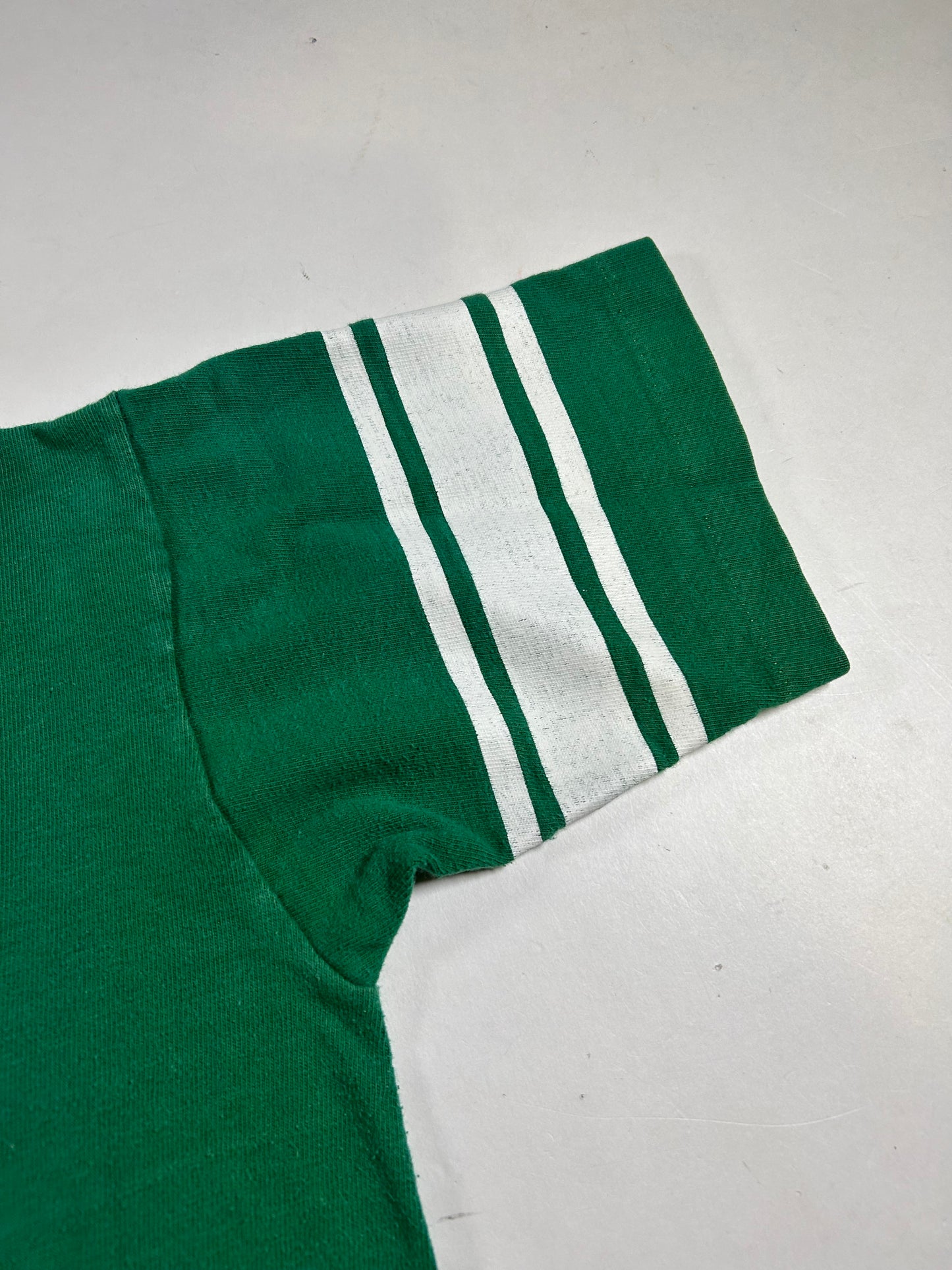 Vintage 70s Notre Dame Champion Blue Bar Green Jersey Style Tee 18.25x26 Inches Small Fit As Is