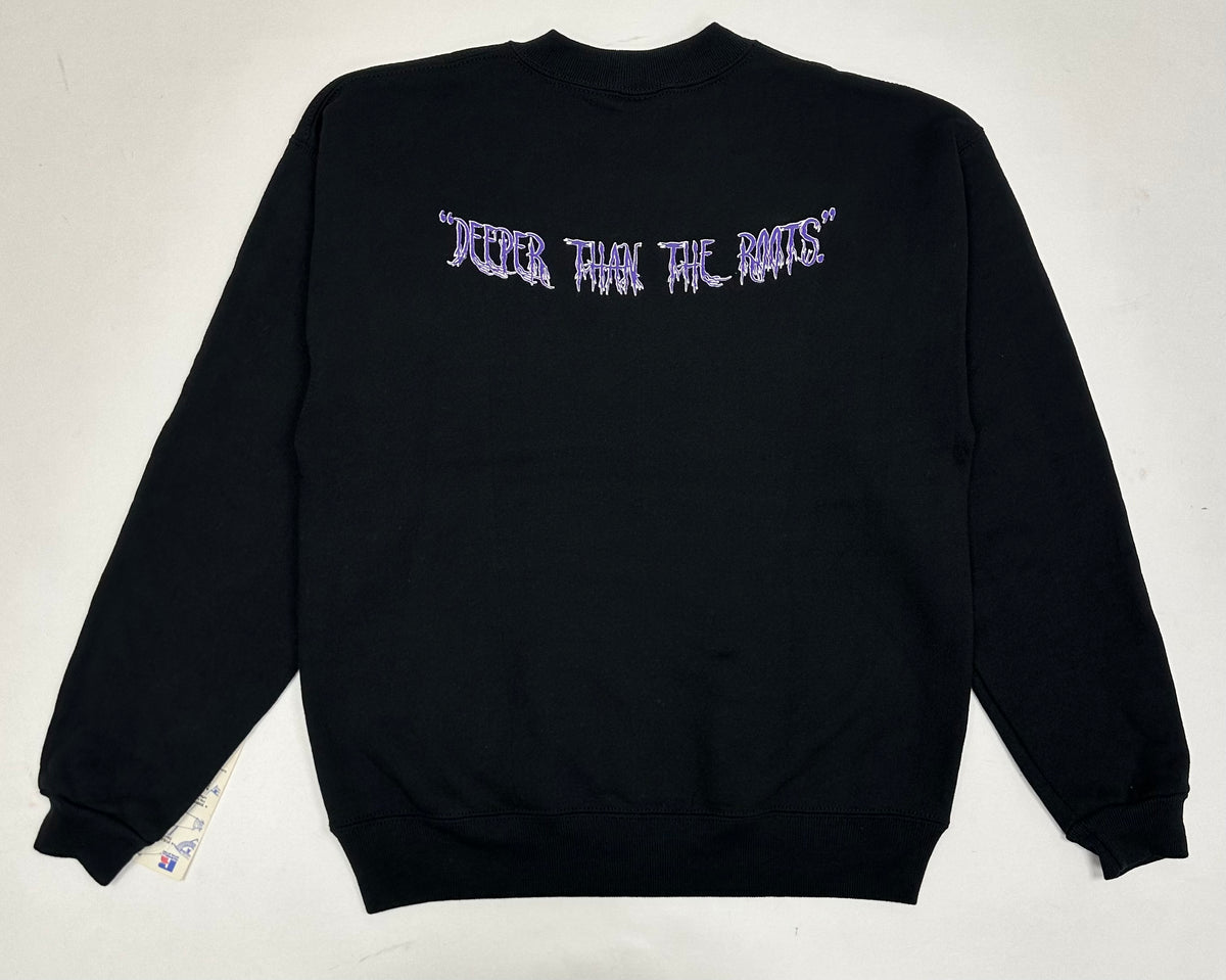Edgewood NJ “Deeper Than The Roots.” First Edition Crewneck Sweatshirt Tagged Youth Large 90s Russell Athletic 50/50 Blend Made In USA DS Black 19.5x24