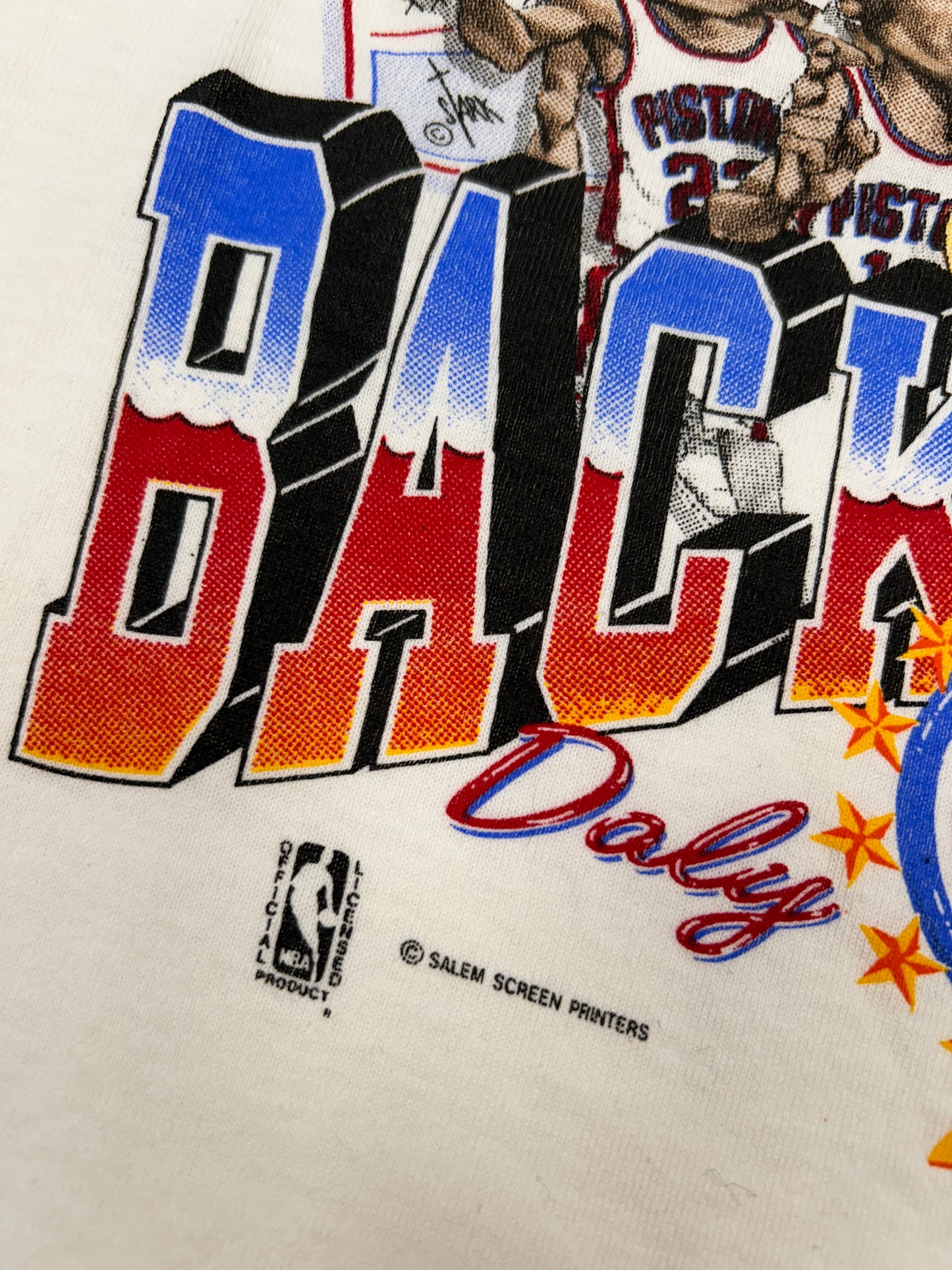 Vintage Salem Sportswear Detroit Pistons 1990 World Champions Back 2 Back World Champions Caricature Tee New With Sticker Large 23.25x27.5 Inches As Is