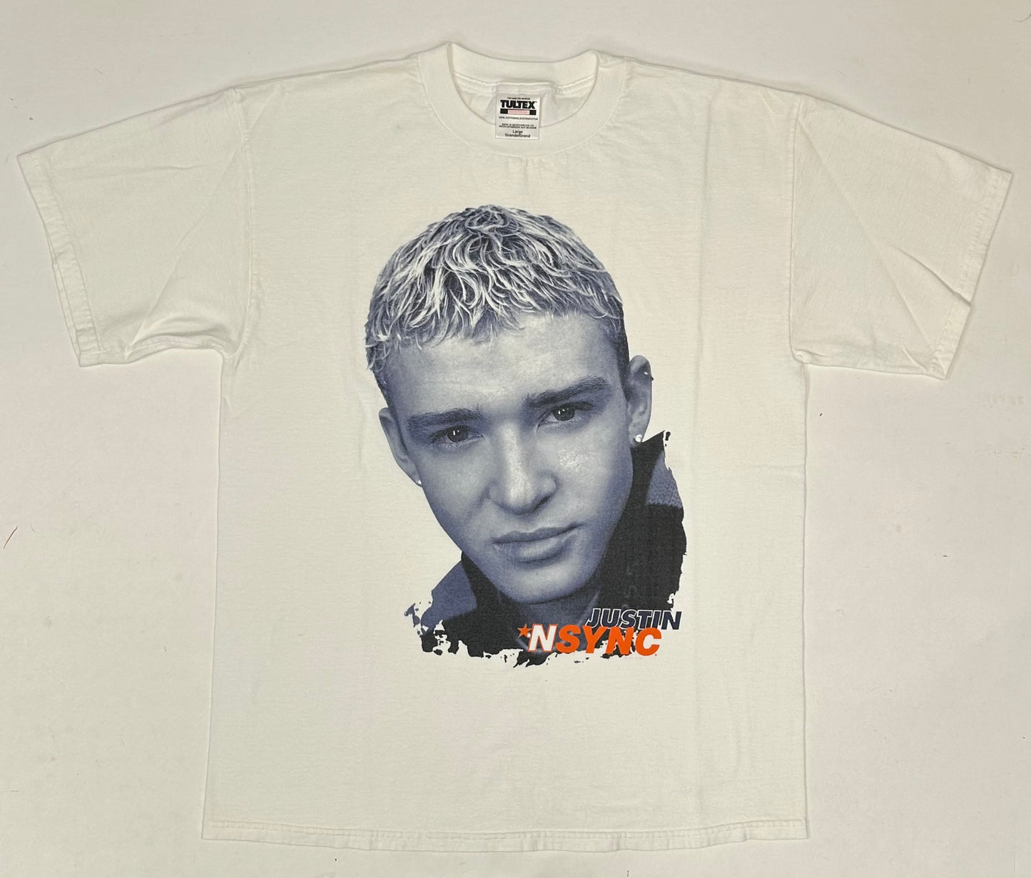 Vintage 1999 *NSYNC Justin Timberlake Big Face Graphic Boy Band Music Tee Tultex Large 21.5x29.25 Inches White