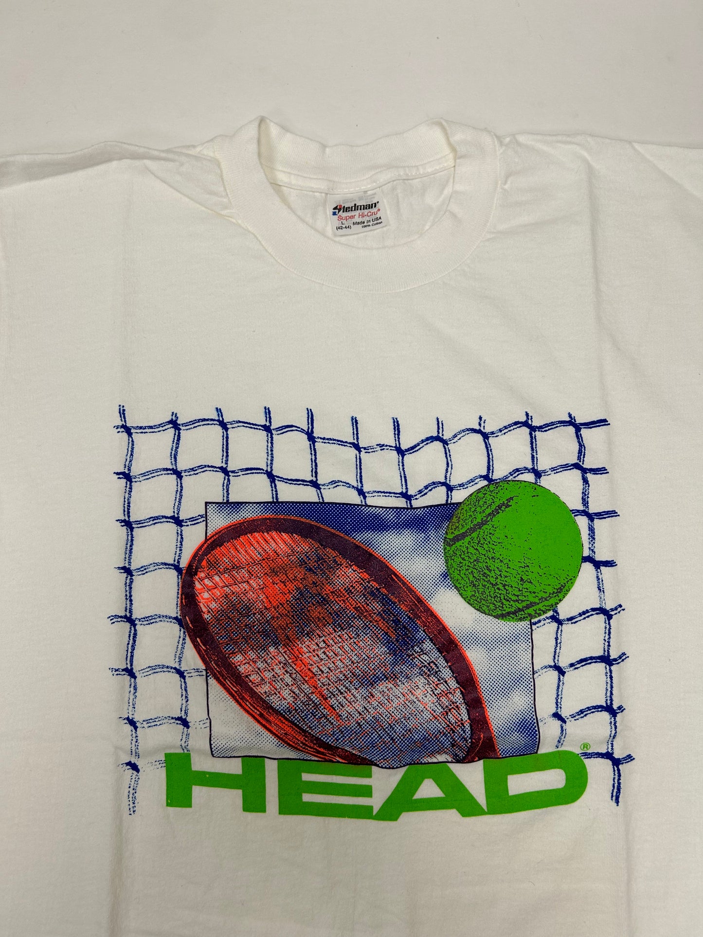 Vintage Head Tennis Brand Logo Tee 90s Stedman Tennis Racquet White Large/Medium Fit 20.75x28.5 Inches