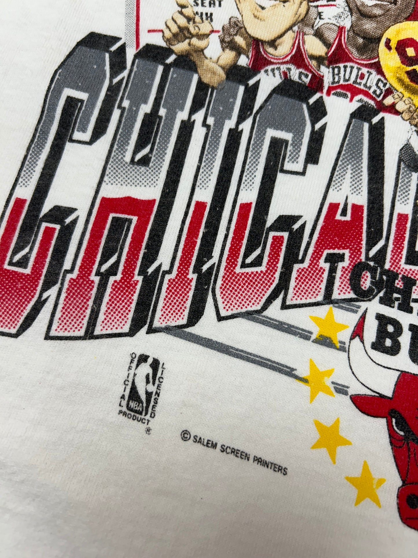Vintage 1991 Chicago Bulls NBA World Champs Caritcure Team First Championship Salem Sportswear Graphic Tee L/XL 22.25x30.75 Inches