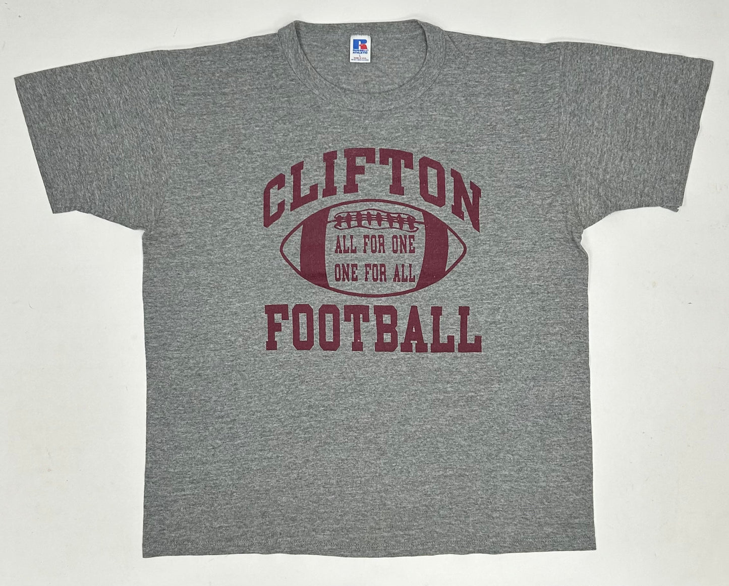 Vintage Russell Athletic Clifton Mustangs Highschool Football All For One One For All Tee Large/XL Fit 23.25x27 Inches