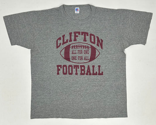 Vintage Russell Athletic Clifton Mustangs Highschool Football All For One One For All Tee Large/XL Fit 23.25x27 Inches