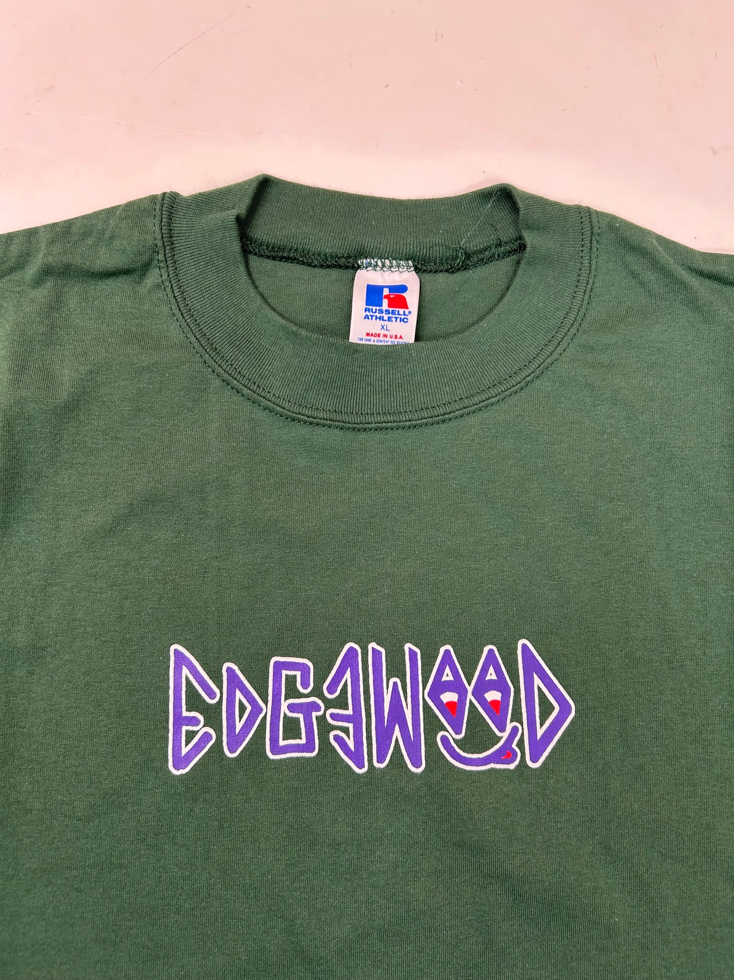 Edgewood NJ first edition “Deeper Than The Roots.” Tee XL 23.25x32 Inches 90s Russell Athletic Blank 100% Cotton USA Deep Forest Green