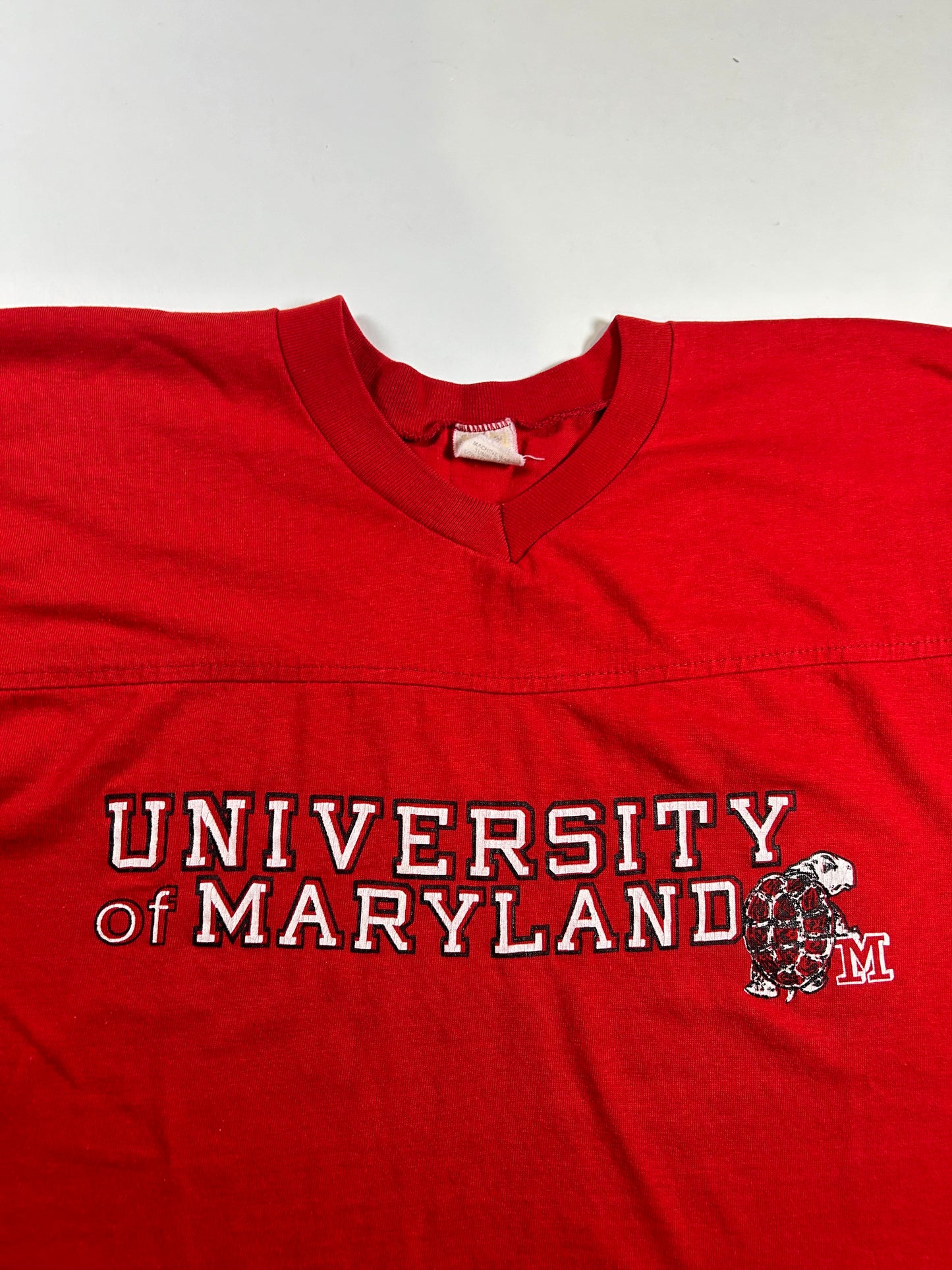 Vintage University of Maryland College Red 3/4 Sleeve Tee Velva Sheen 80s 18.5x25 Inches