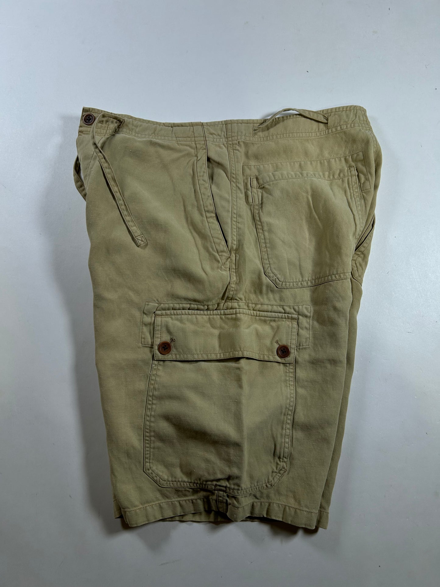 Vintage Polo Ralph Lauren Cargo Shorts Linen Silk Beige Drawstring Military Size 30 16.5x22.5 Inches