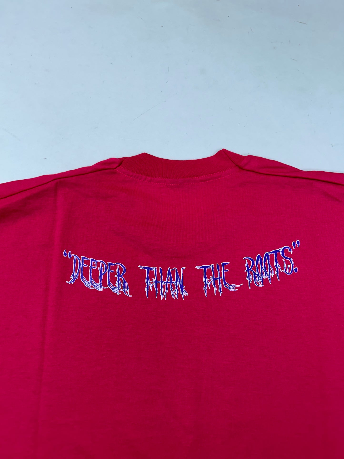Edgewood NJ first edition “Deeper Than The Roots.” Tee XL 24x30.25 Inches Early 90s Screen Stars Best 50/50 Blend USA Made Raspberry