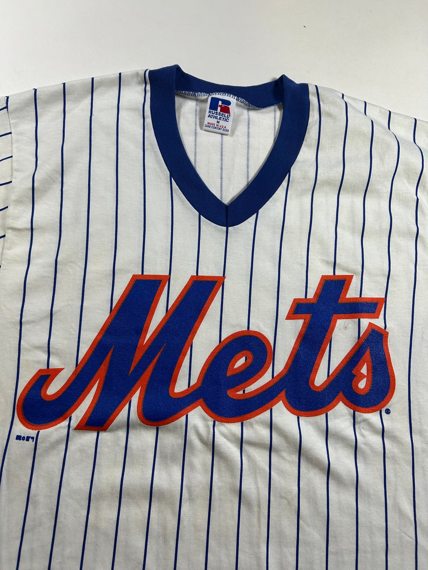 Vintage 90s Russell Athletic New York Mets MLB Pinstripe Baseball Jersey Style Tee Medium 20x29.5 Inches Small Spot
