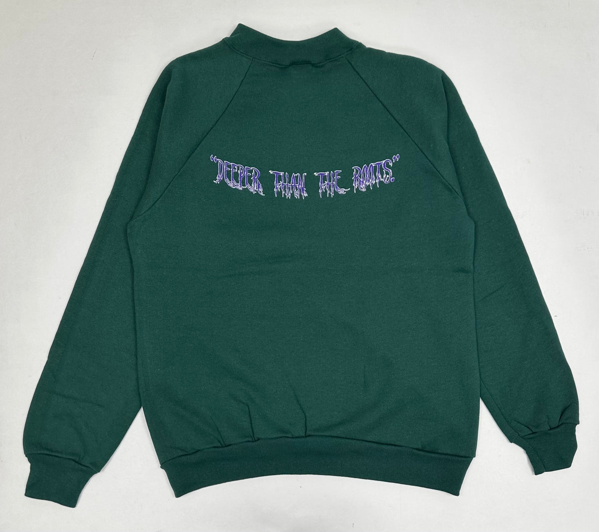 Edgewood NJ “Deeper Than The Roots.” First Edition Crewneck Sweatshirt Tagged Medium Can Fit Small 20x25.5 Forest Green Sunbelt Raglan Style USA 50/50