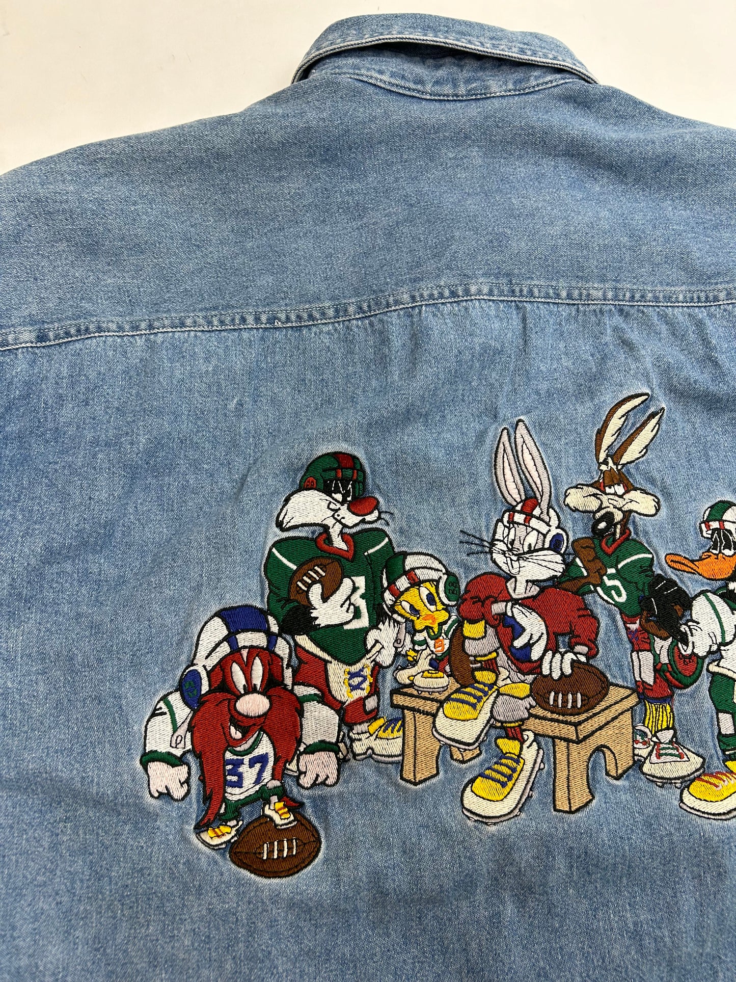 Vintage 1993 Acme Clothing Co. Warner Bros Football Embroidered Logo Denim Button Up Shirt Medium 23.75x30.75 Inches