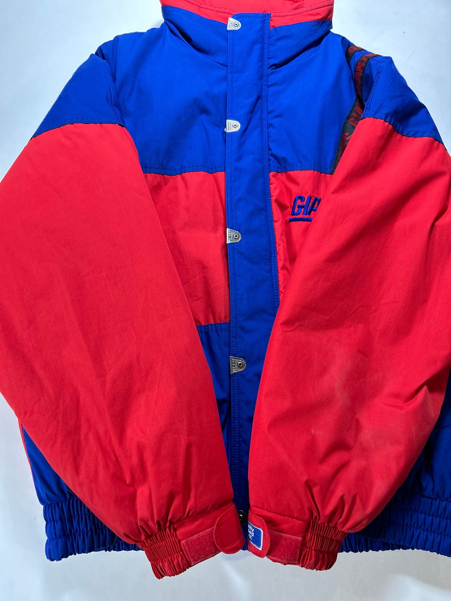 Vintage New York Giants NFL Puffer Packable Hood Jacket Large 25.75x29 Inches