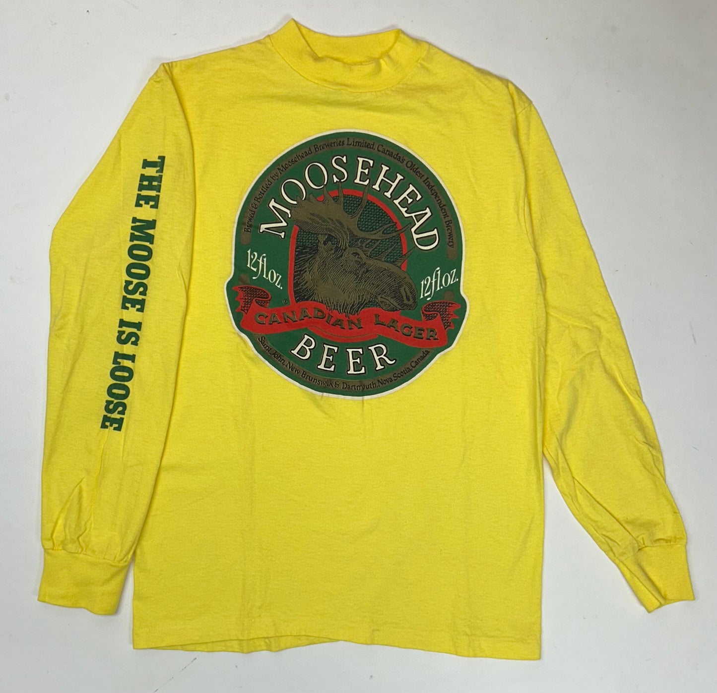 Vintage 80s Moosehead Beer Canadian Lager Long Sleeve T Shirt M/S 18.75x27 Yellow