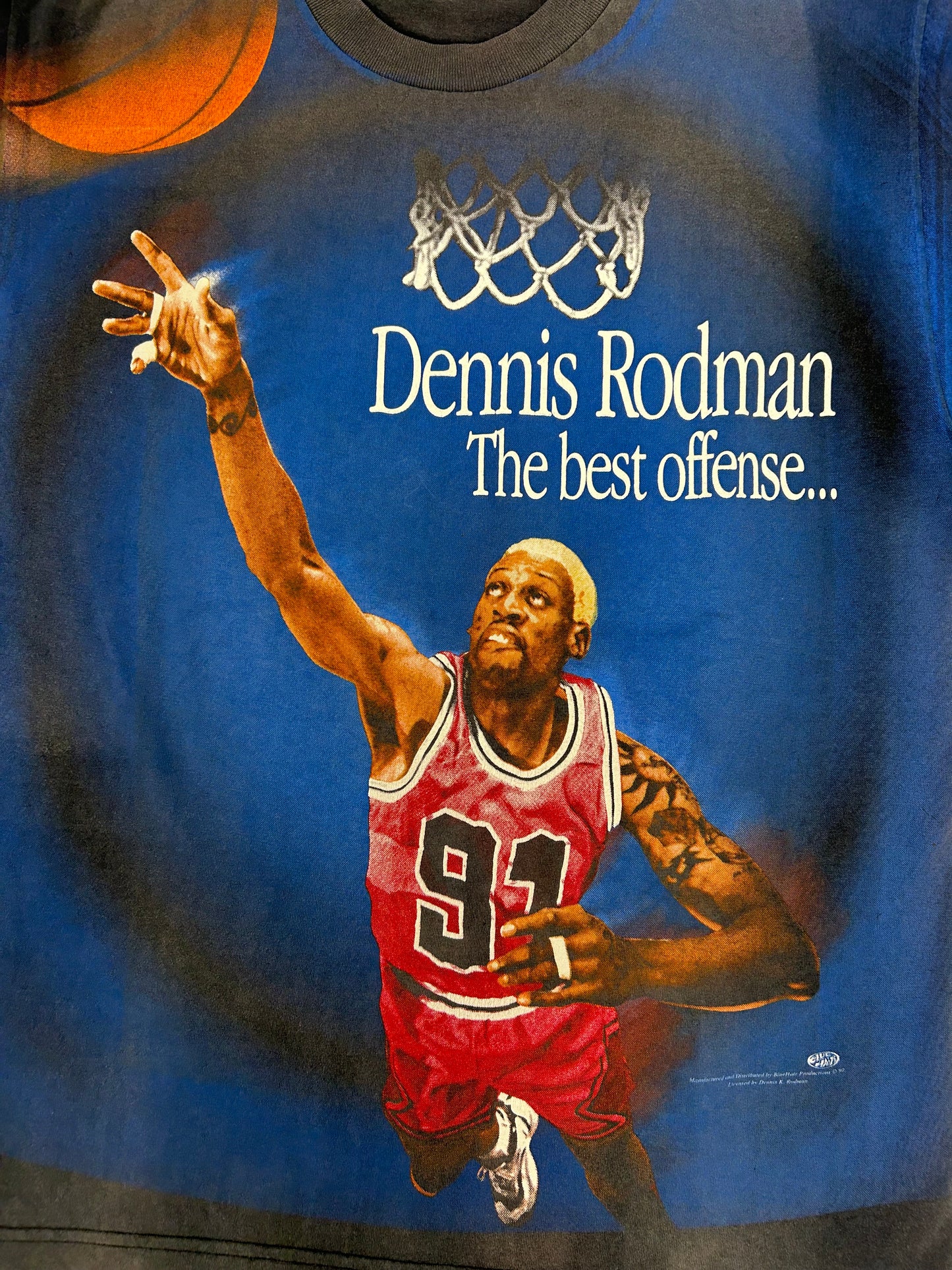 Vintage 1997 Dennis Rodman “The Best Offense Is A Great Defense” All Over Print Tee Tagged Large 22.5x30.5 Inches