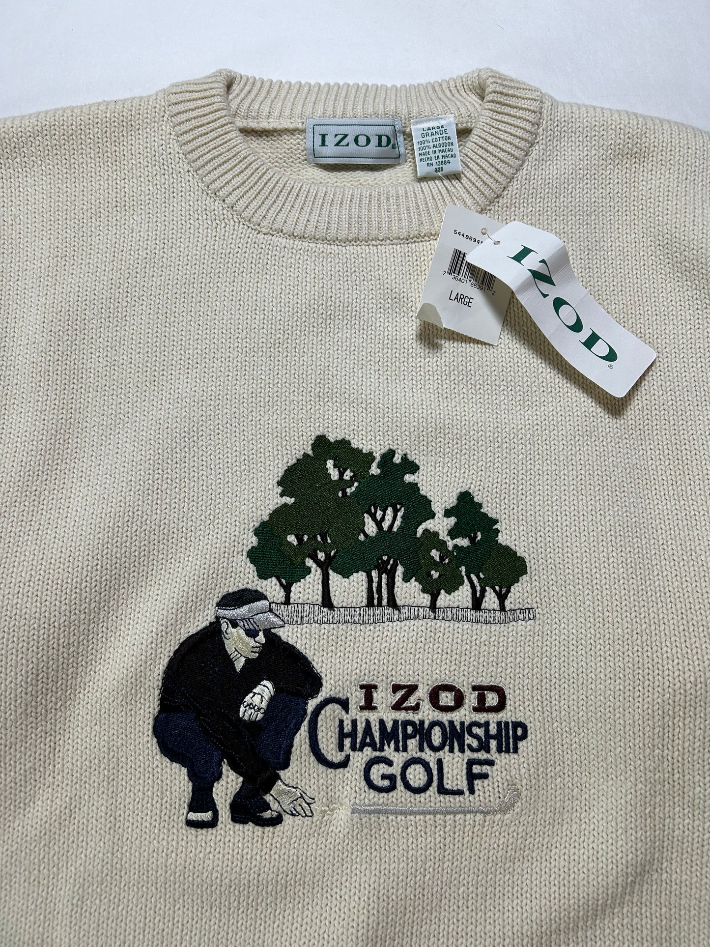 Vintage Izod Championship Golf Sweater Off White Knit Embroidered Mens Large 24.25x27.25 Inches