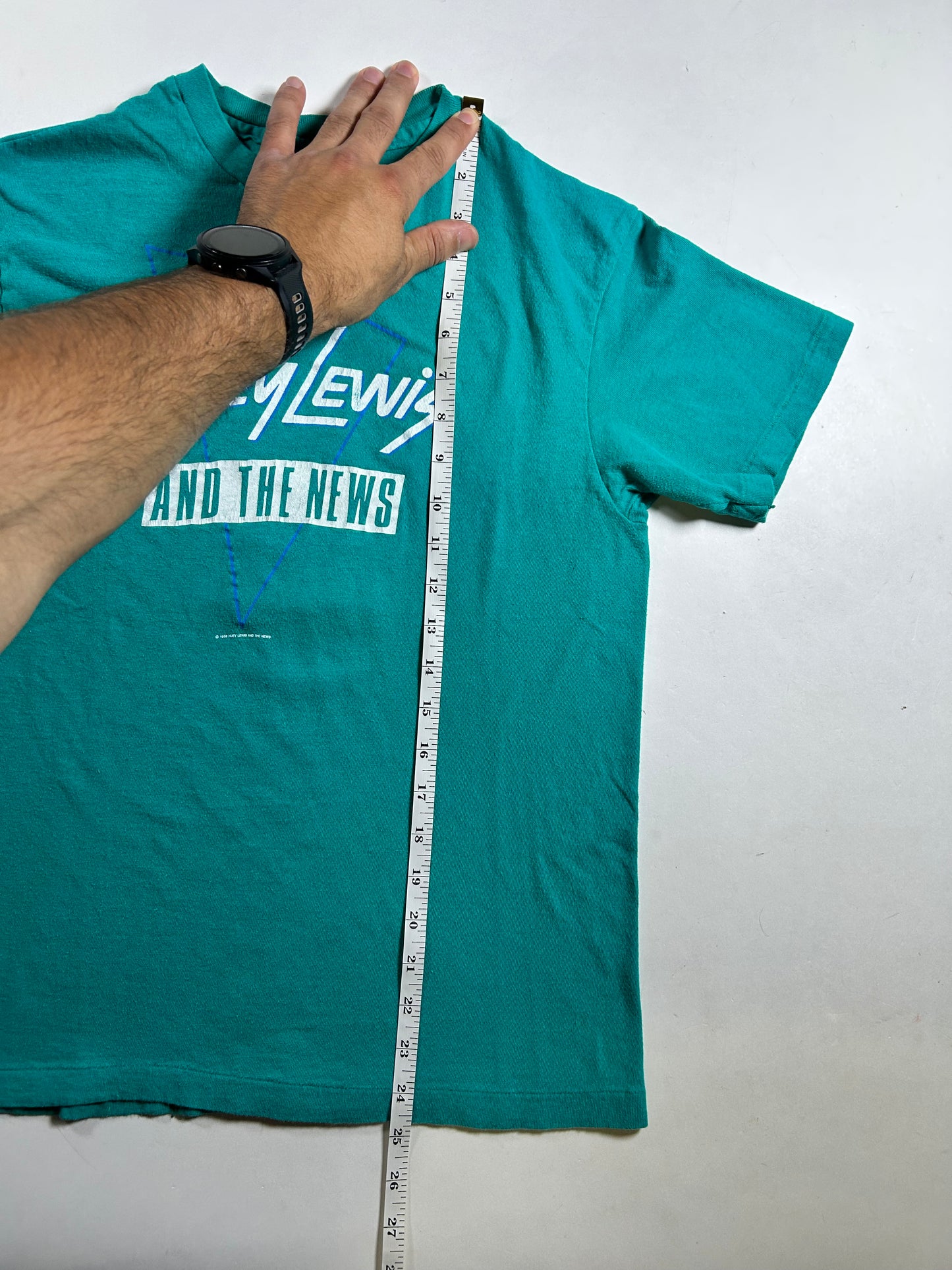 Vintage Huey Lewis And The News World Tour 1987 Band Tee Hanes USA 18x24.75 Inches Small Fit