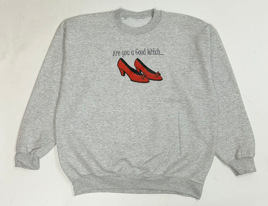 Vintage Are You A Good Witch…Or A Bad Witch? Salem, Massachusetts Wizard Of Oz Feet Casual Tees Funny Parody Crewneck Sweatshirt XL 26.5x29.5 Inches Gray