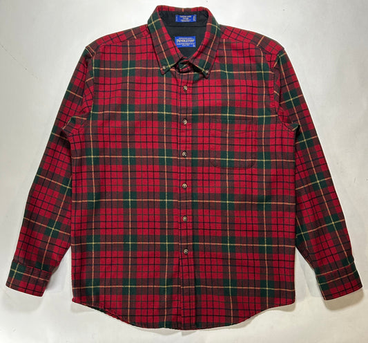 Pendleton Plaid Fireside 100% Wool Button Down Flannel Shirt Large 23.5x30.75 Inches Red Green