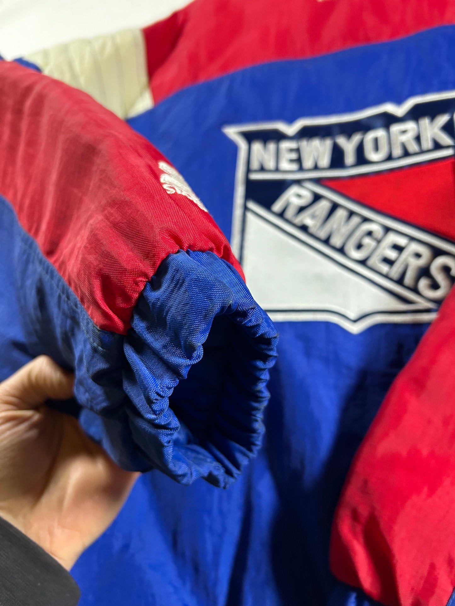 Vintage 90s Starter New York Rangers NHL Pullover Puffer Jacket Half Zip Hooded Jacket XL 29x30.25 Inches