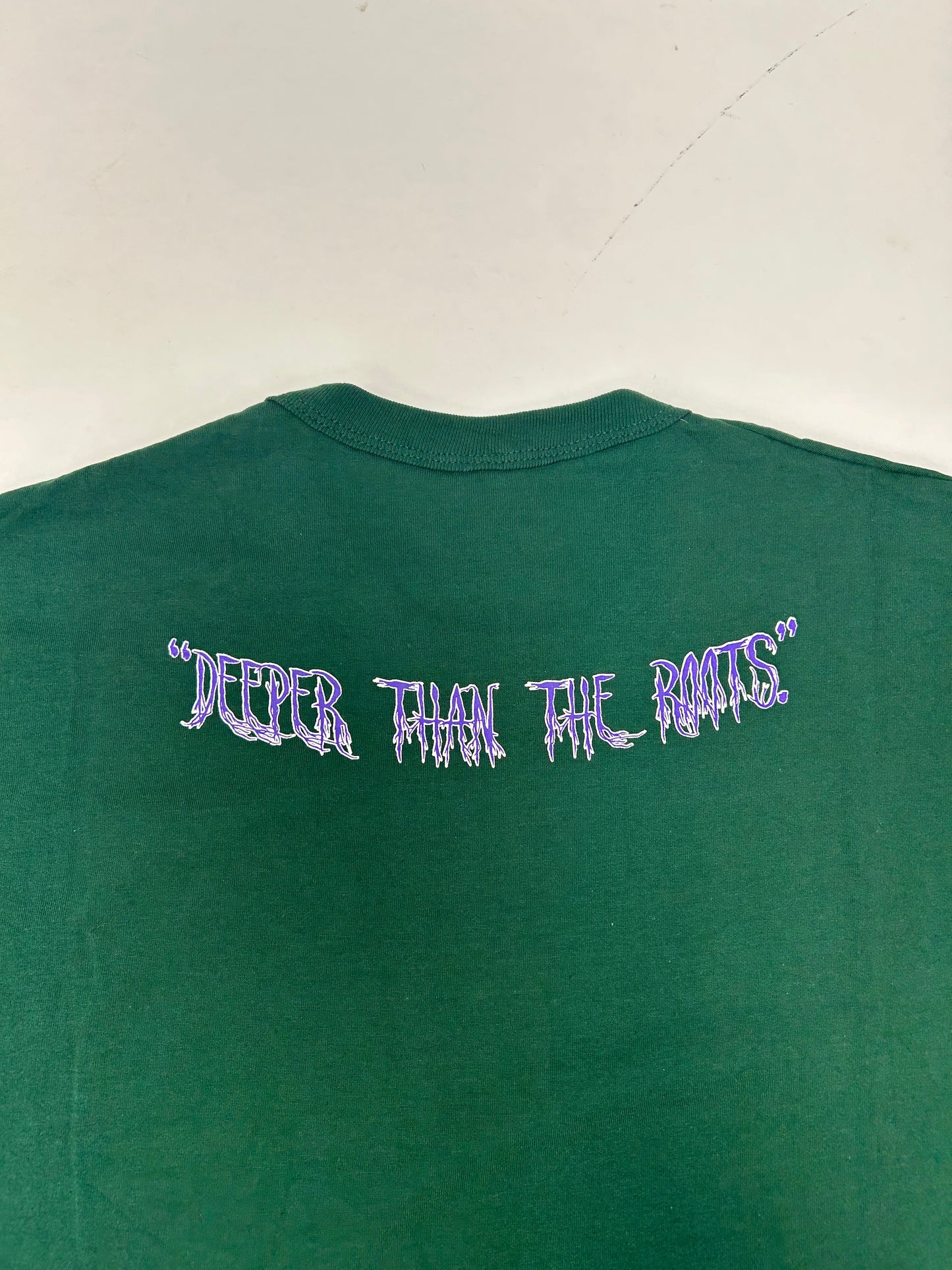 Edgewood NJ first edition “Deeper Than The Roots.” Tee 2XL 26.5x33 Inches 90s Russell Athletic NuBlend 50/50 USA Forest Green