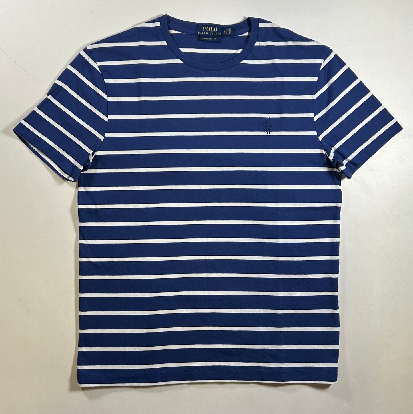 Polo Ralph Lauren T-shirt Custom Slim Blue White Pony Striped Short Sleeve Medium 19.75x27 Inches