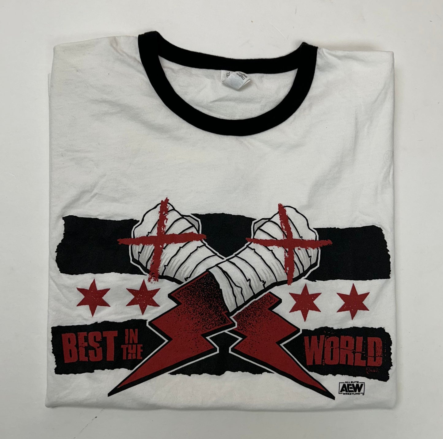 CM Punk T-Shirt Men's White AEW Wrestling “Best in the World” Ringer Tee Medium 19.75x28.25 Inches