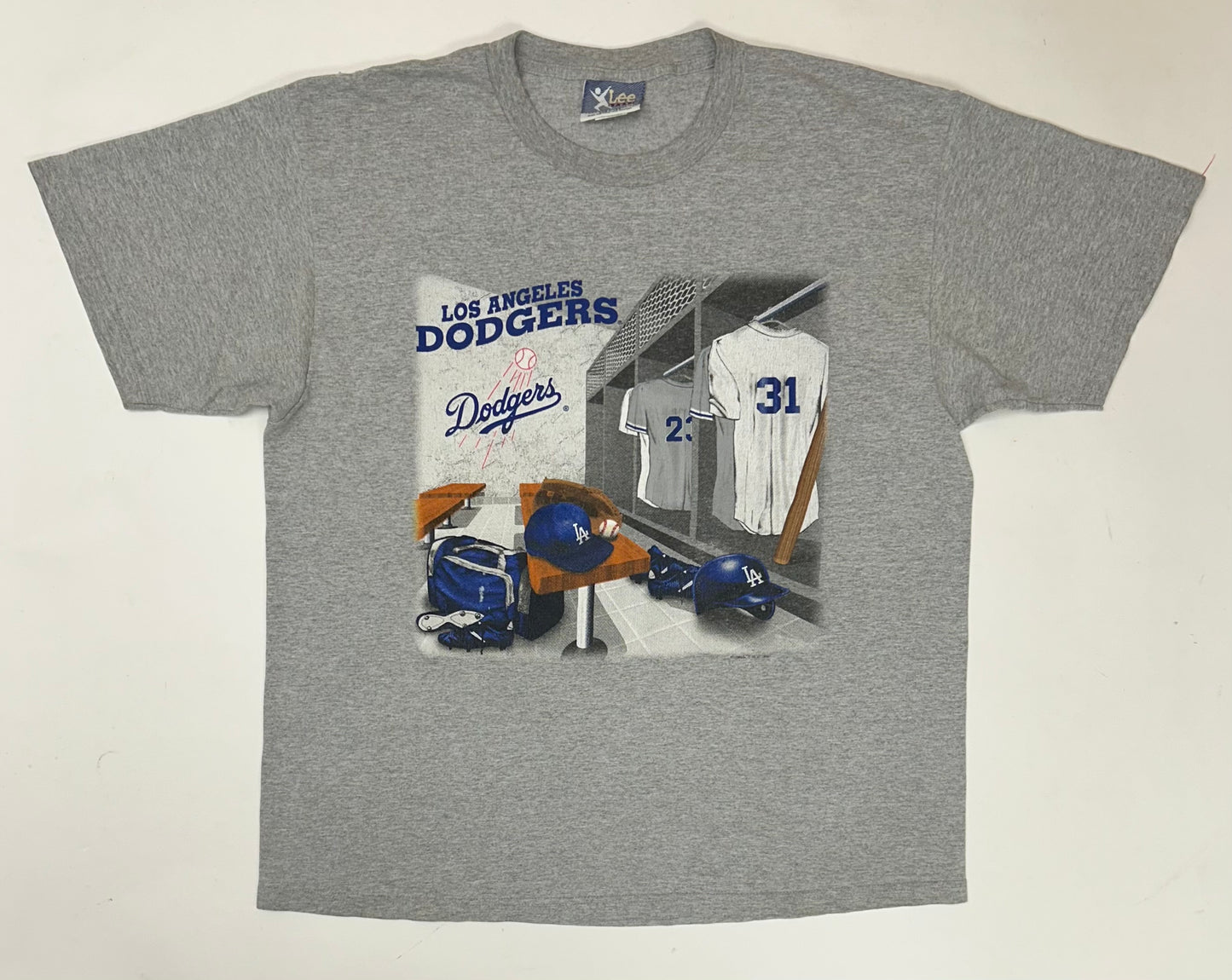Vintage 90s Los Angeles Dodgers MLB Locker Room T-Shirt XL 24.25x30 Inches Lee Sport Nutmeg Gray