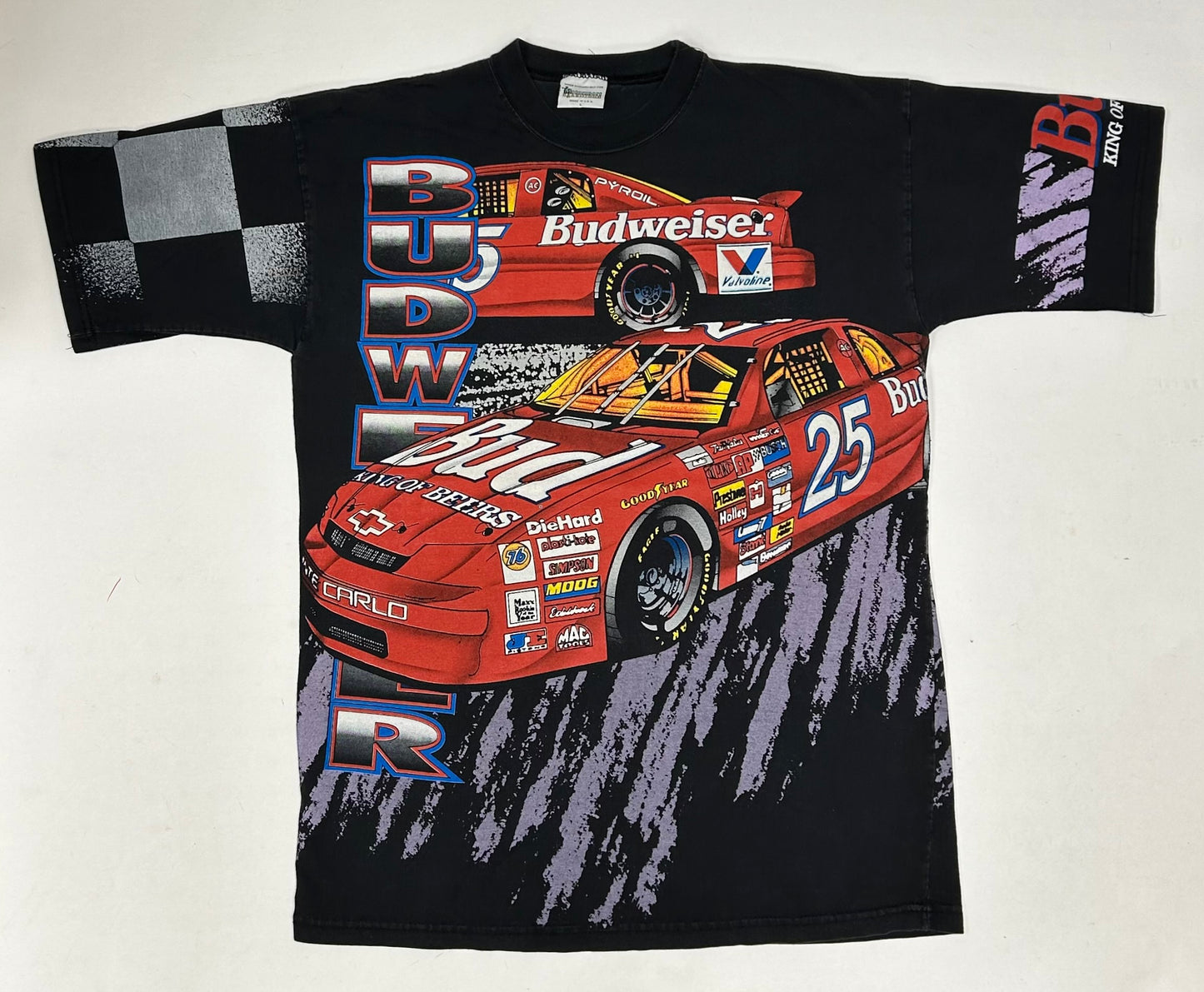 Vintage 90s Ken Schrader Bud Racing Budweiser NASCAR All Over Print AOP Tee Large 22.25x30.25 Inches