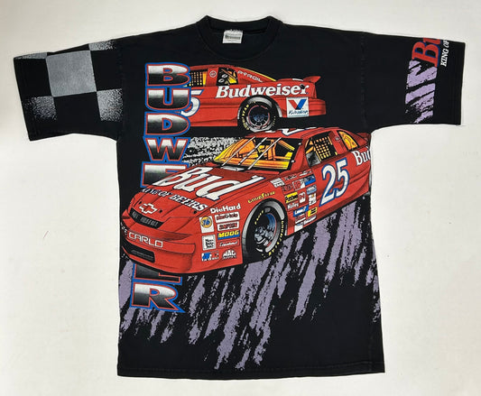 Vintage 90s Ken Schrader Bud Racing Budweiser NASCAR All Over Print AOP Tee Large 22.25x30.25 Inches