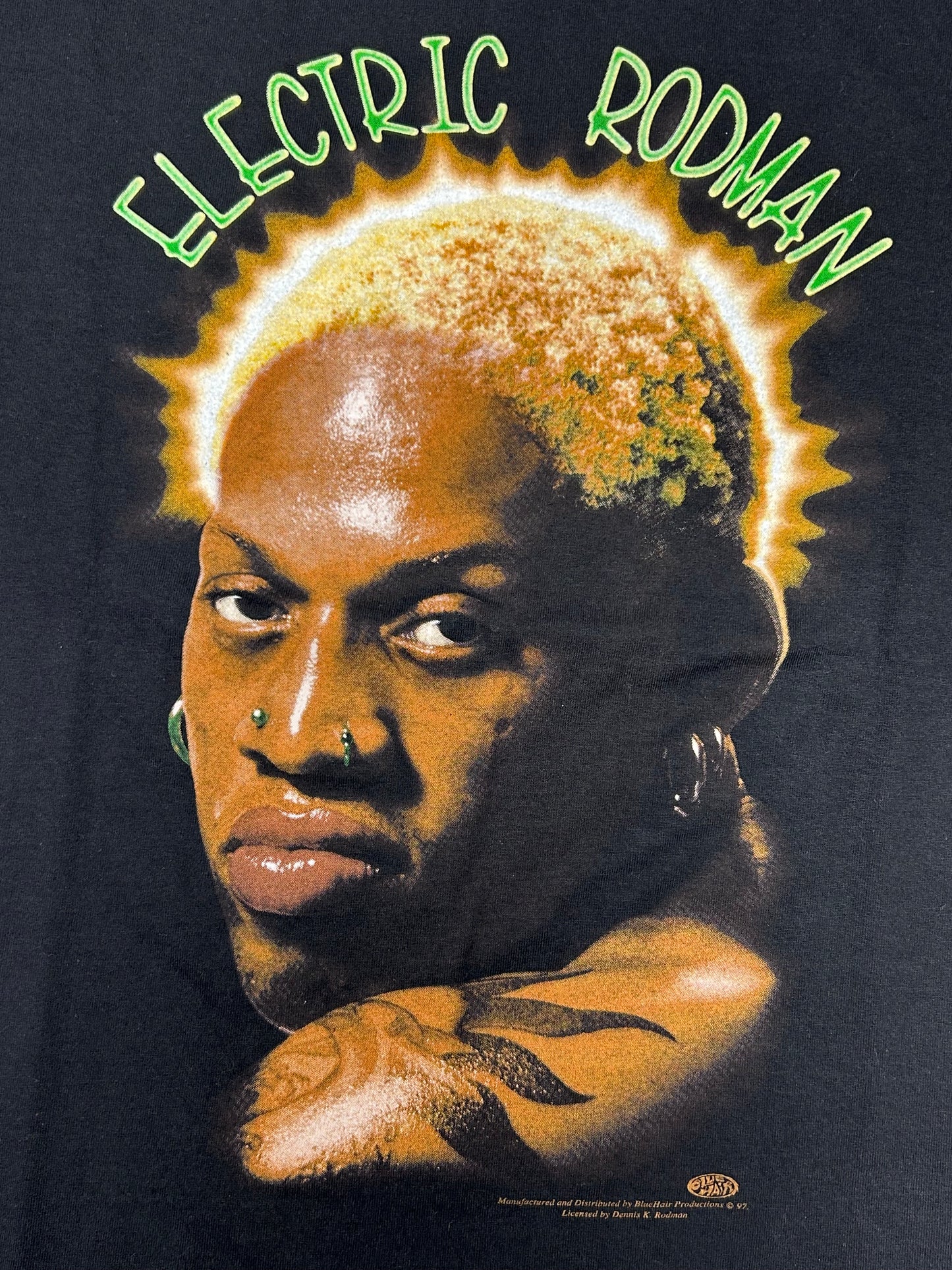 Vintage 1997 Dennis Rodman Electric Rodman Blue Hair Productions Tee Large 21x30.5 Inches Clean Print