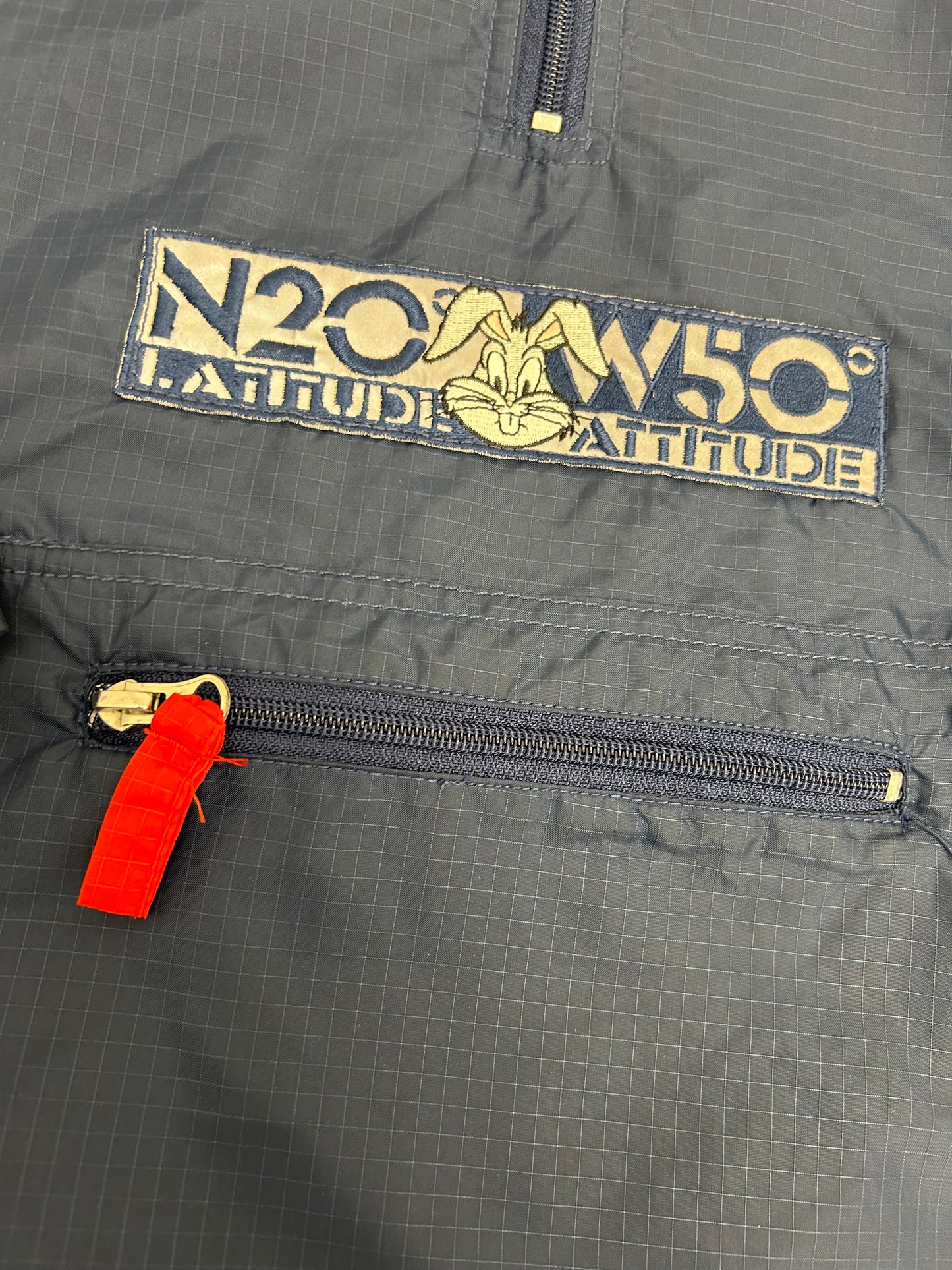 Vintage 1996 Warner Bros. Looney Tunes Bugs Bunny Longitude/Latitude Windbreaker Jacket Large 27.25x29.25 Inches Can Fit XL