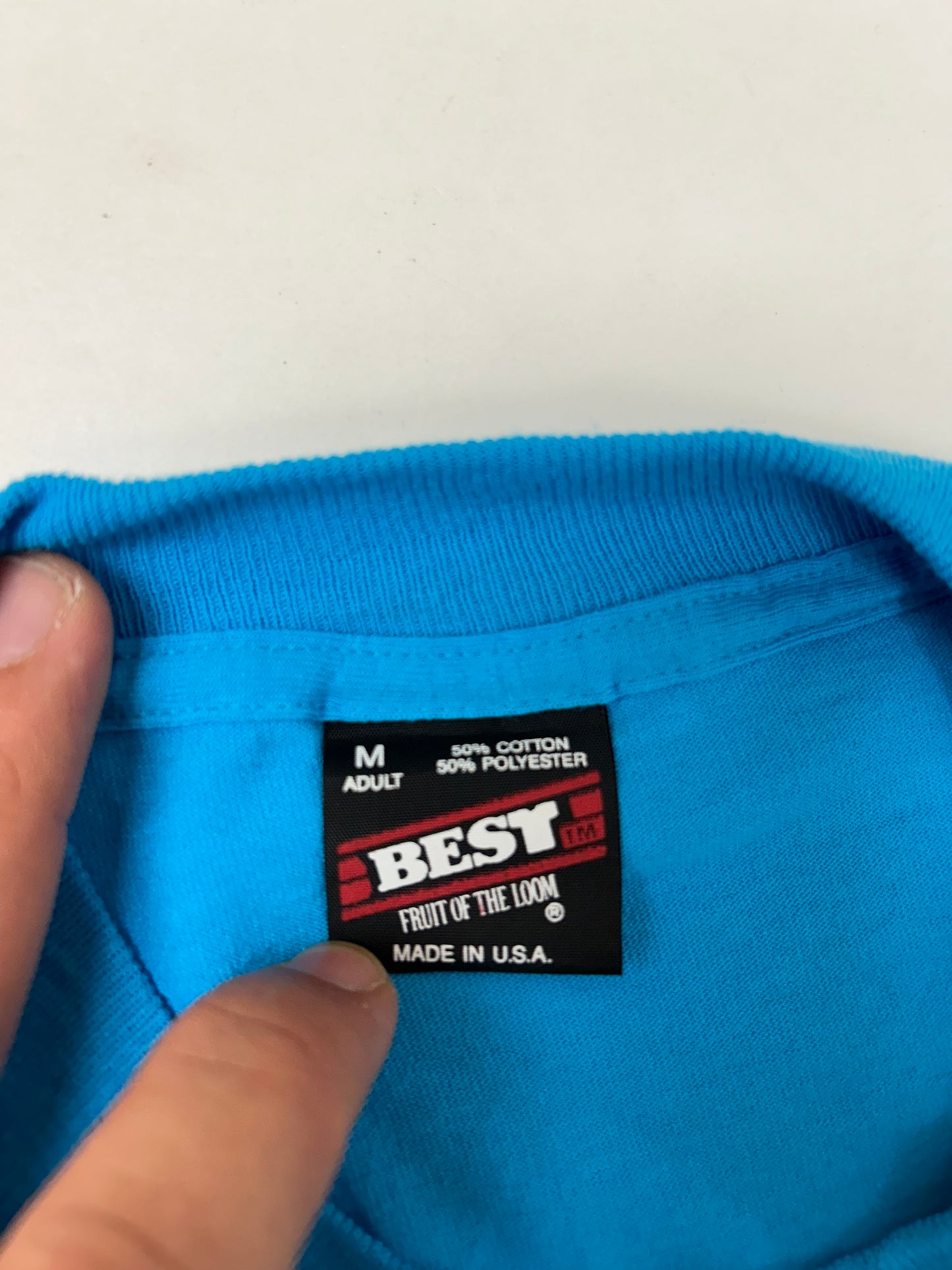 Edgewood NJ first edition “Deeper Than The Roots.” Tee Medium 19.25x28.74 Inches 90s FOTL BEST 50% Cotton 50% Polyester USA Bright Blue