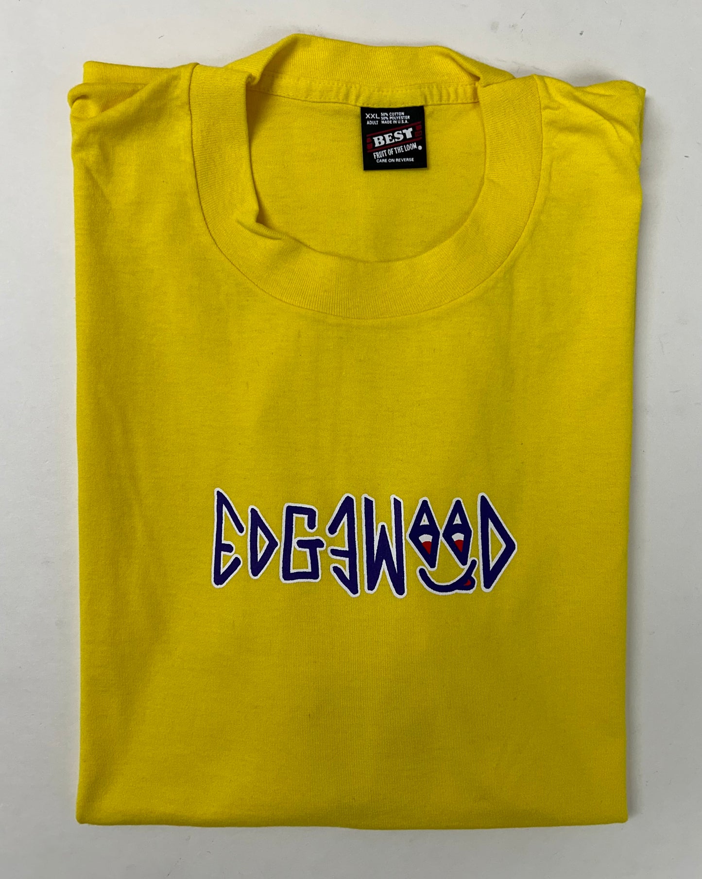 Edgewood NJ first edition “Deeper Than The Roots.” Tee 2XL 26.25x32.25 Inches 90s Fruit Of The Loom USA 50/50 Blend Bright Yellow