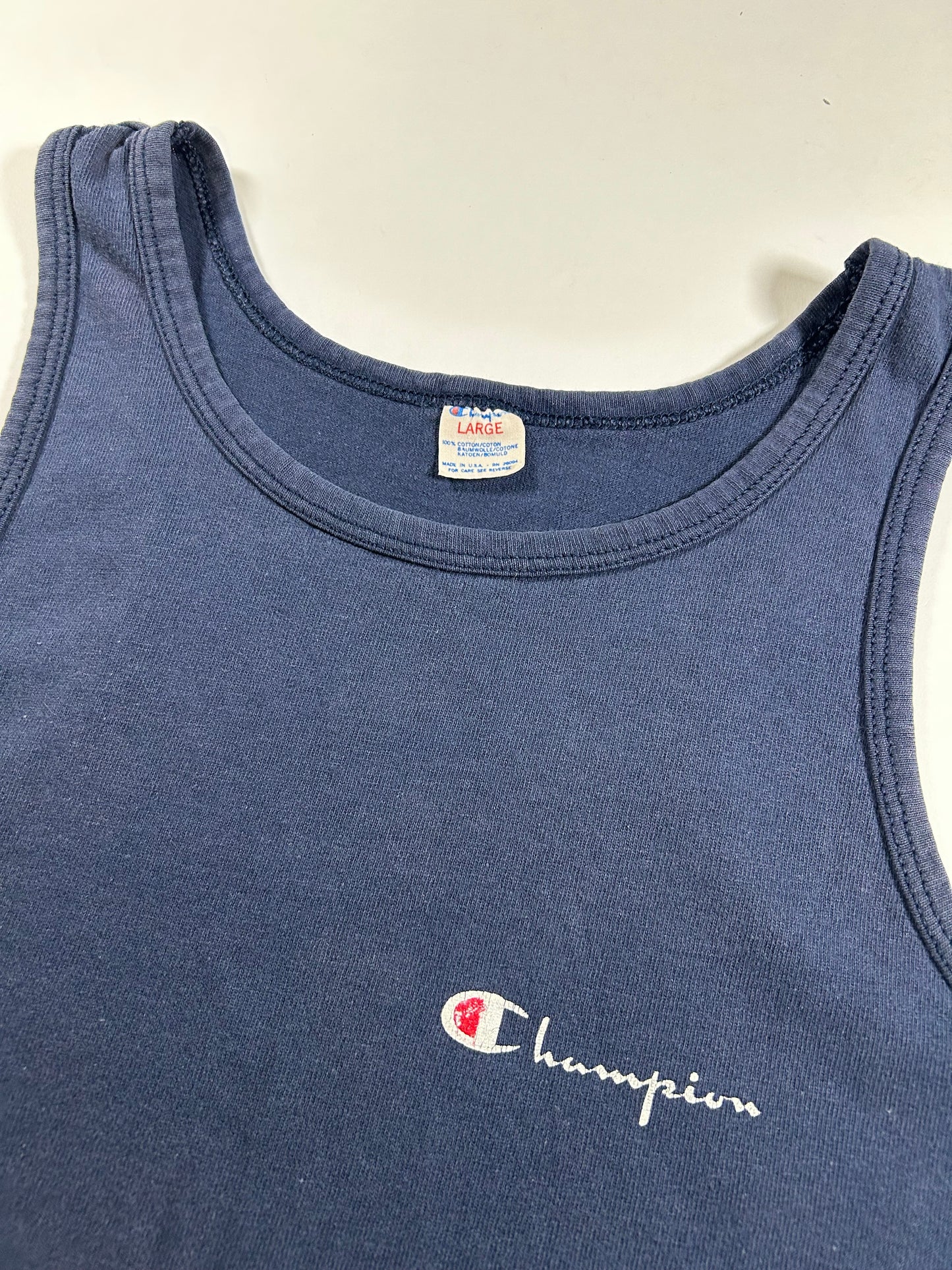 Vintage Champion Chest Script Spell Out Logo Tank Top Sleeveless Shirt As Is Bleach Spots & Fading M/S Fit 18.5x27.25 Inches USA 100% Cotton