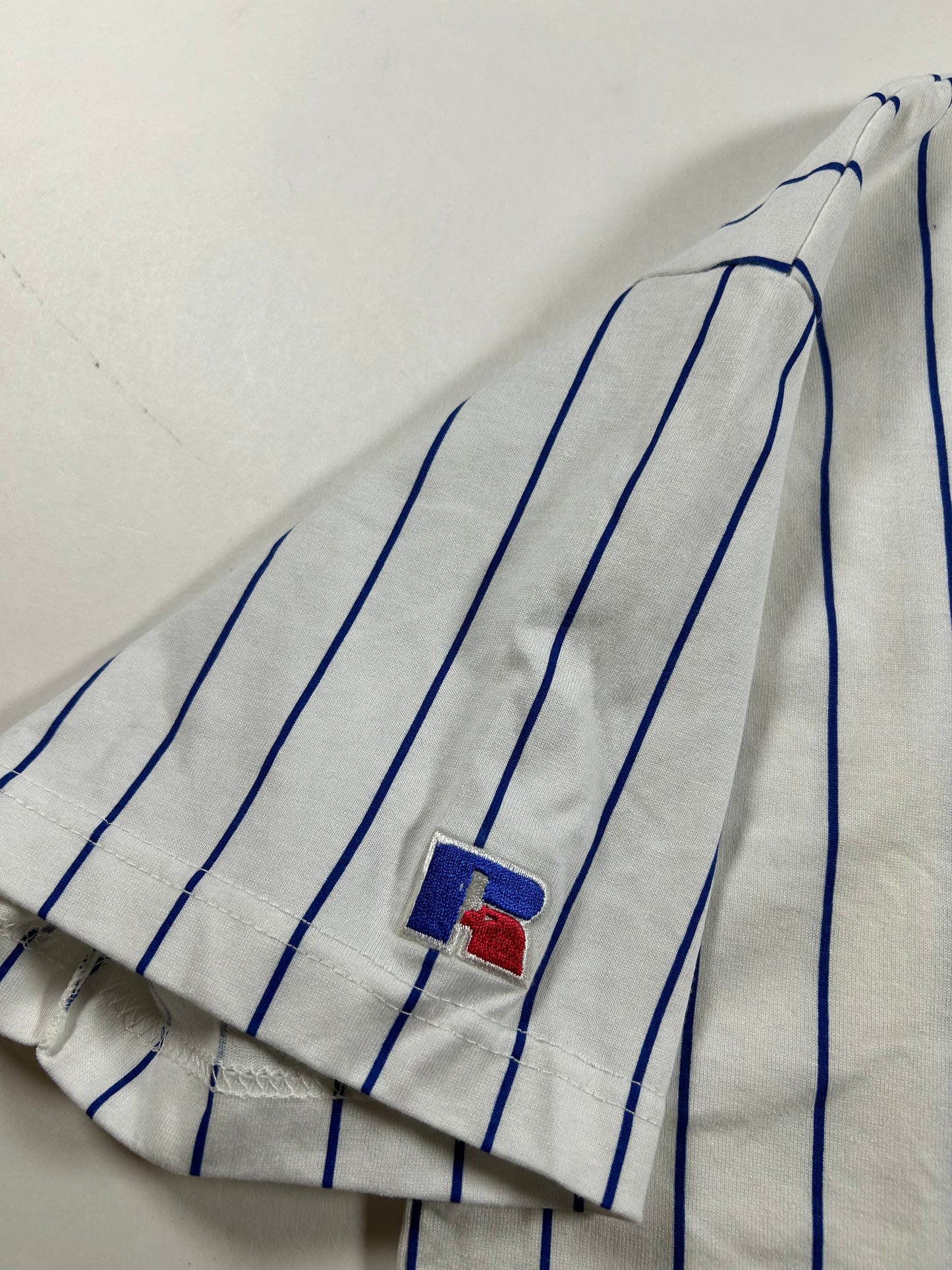Vintage 90s Russell Athletic New York Mets MLB Pinstripe Baseball Jersey Style Tee Medium 20x29.5 Inches Small Spot