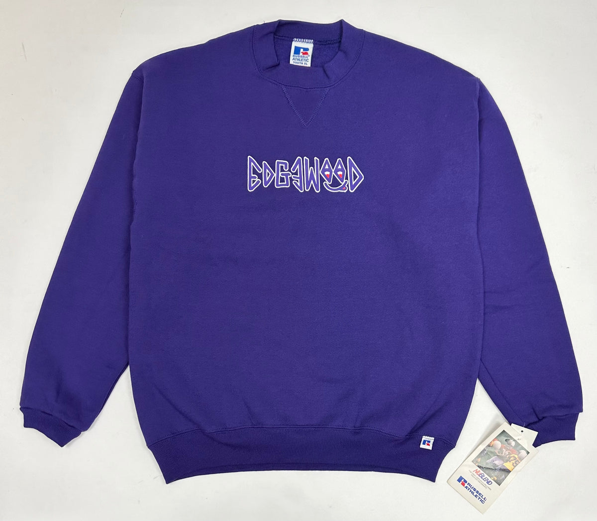 Edgewood NJ “Deeper Than The Roots.” First Edition Crewneck Sweatshirt Tagged Youth XL 21.25x25.75 Inches 90s Russell Athletic 50/50 Blend Made In USA DS Purple