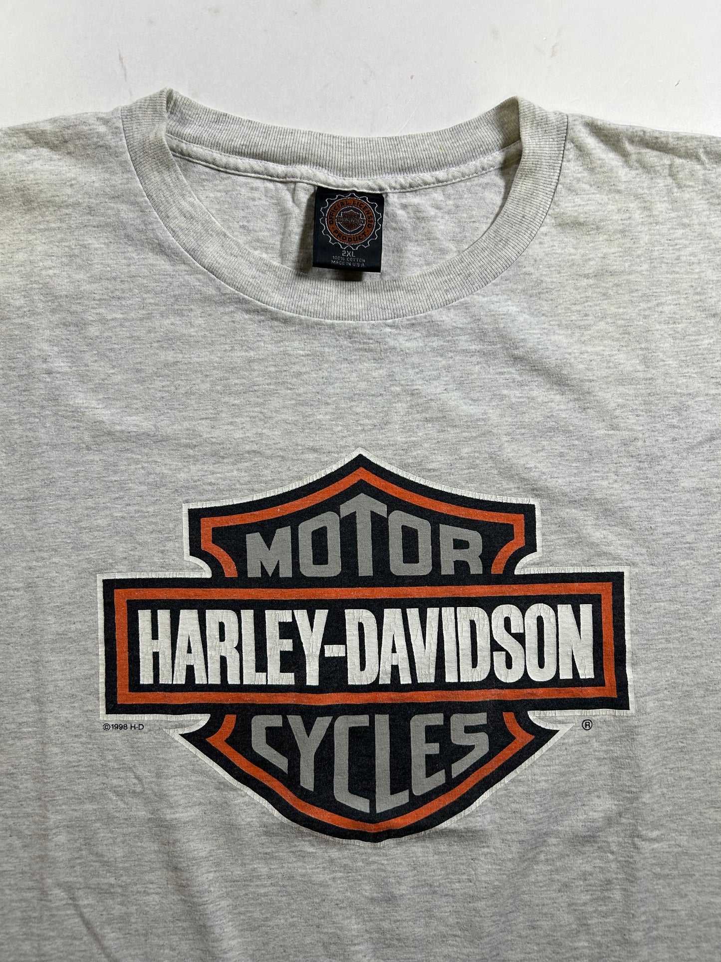 Vintage 1998 Harley Davidson Shirt Motorcycles Shield Logo Graphic Tee 2XL 26.25x31.25 Inches As Is