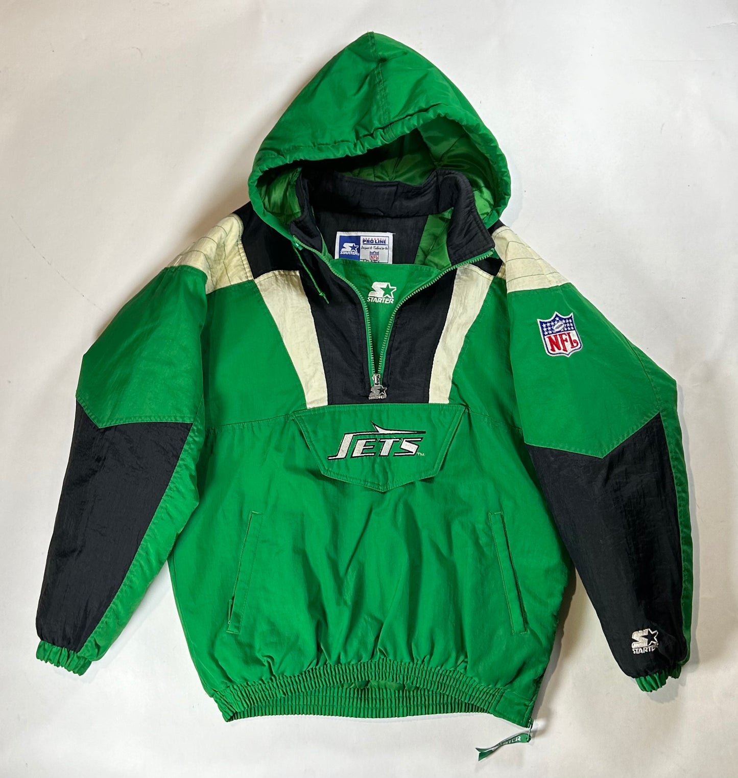 Vintage 90s Starter Authentic Pro Line New York Jets NFL Pouch Pullover Puffer Jacket XL 25.5x29.25 Inches