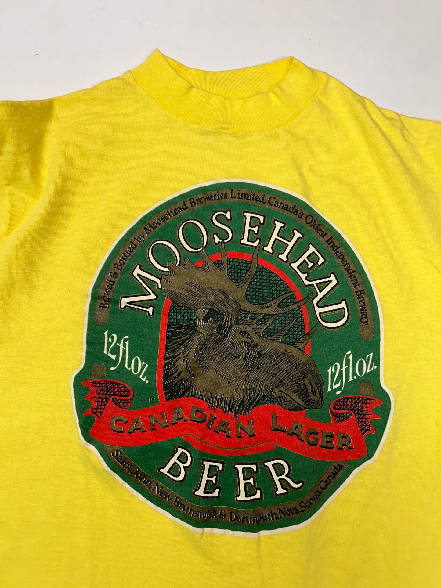Vintage 80s Moosehead Beer Canadian Lager Long Sleeve T Shirt M/S 18.75x27 Yellow