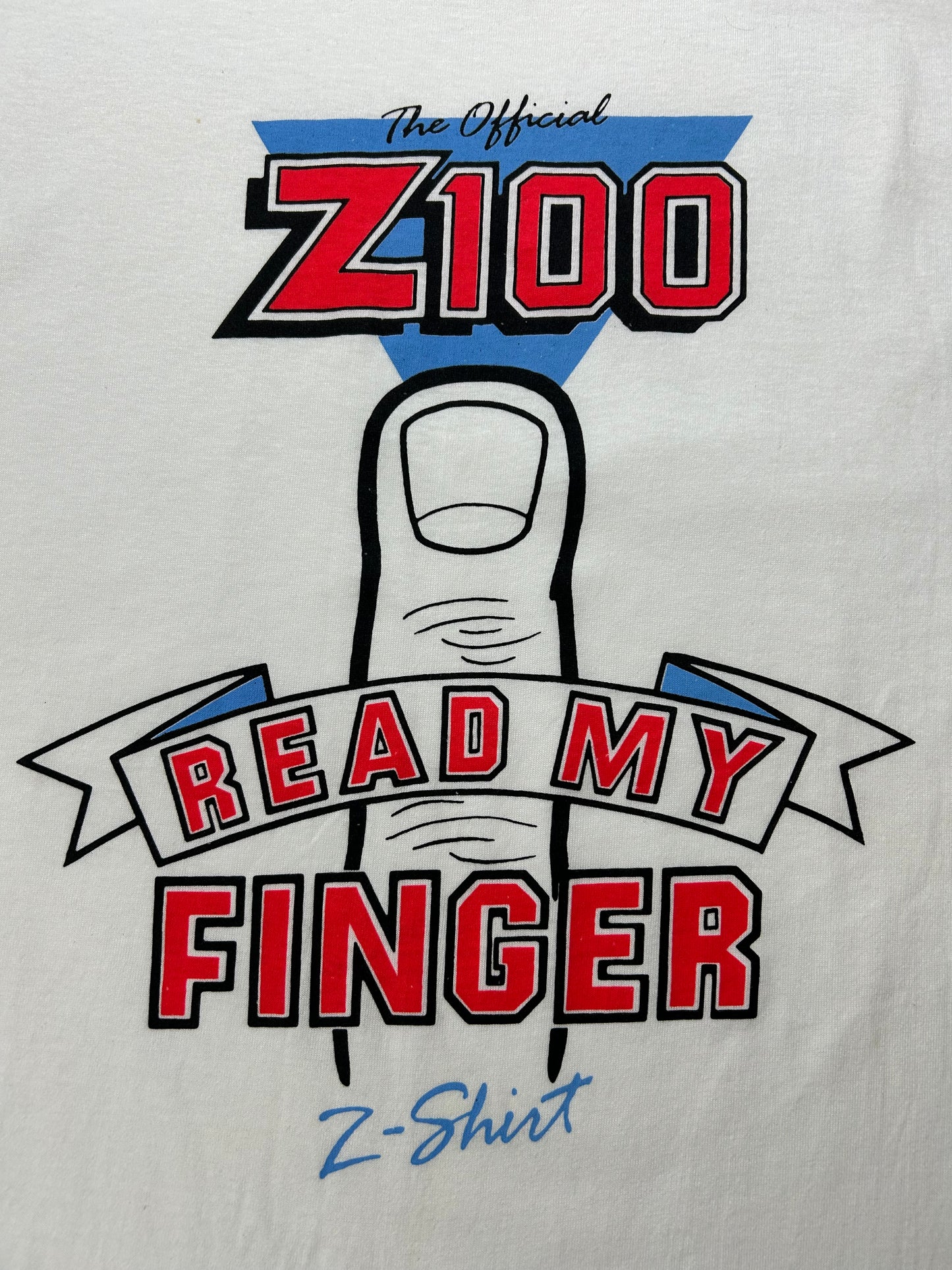 Vintage 90s Z100 Read My Finger New York Music Radio Promo T-Shirt XL 22.75x30.75 Inches Screen Stars Best Tag White