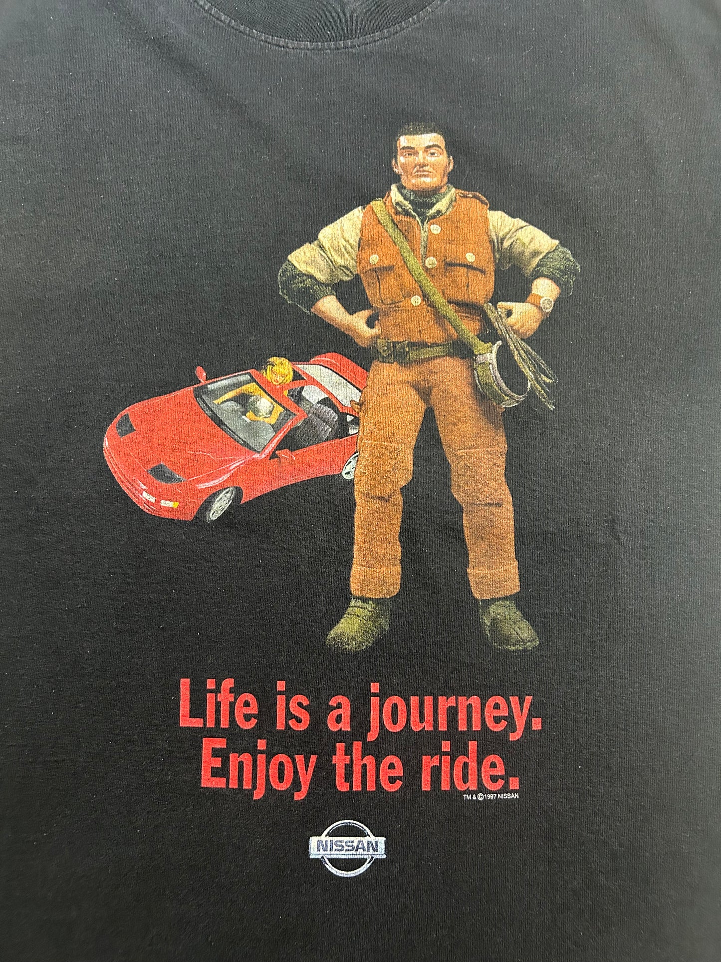 Vintage 1997 Nissan 300ZX Life Is A Journey GI Joe Barbie Car Promo Tee XL 23.5x29.75 Inches